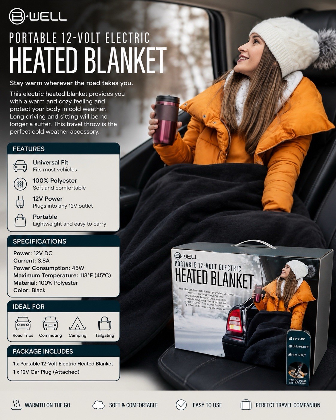 B-WELL 12V Portable Electric Heated Blanket, Black Polyester Unisex