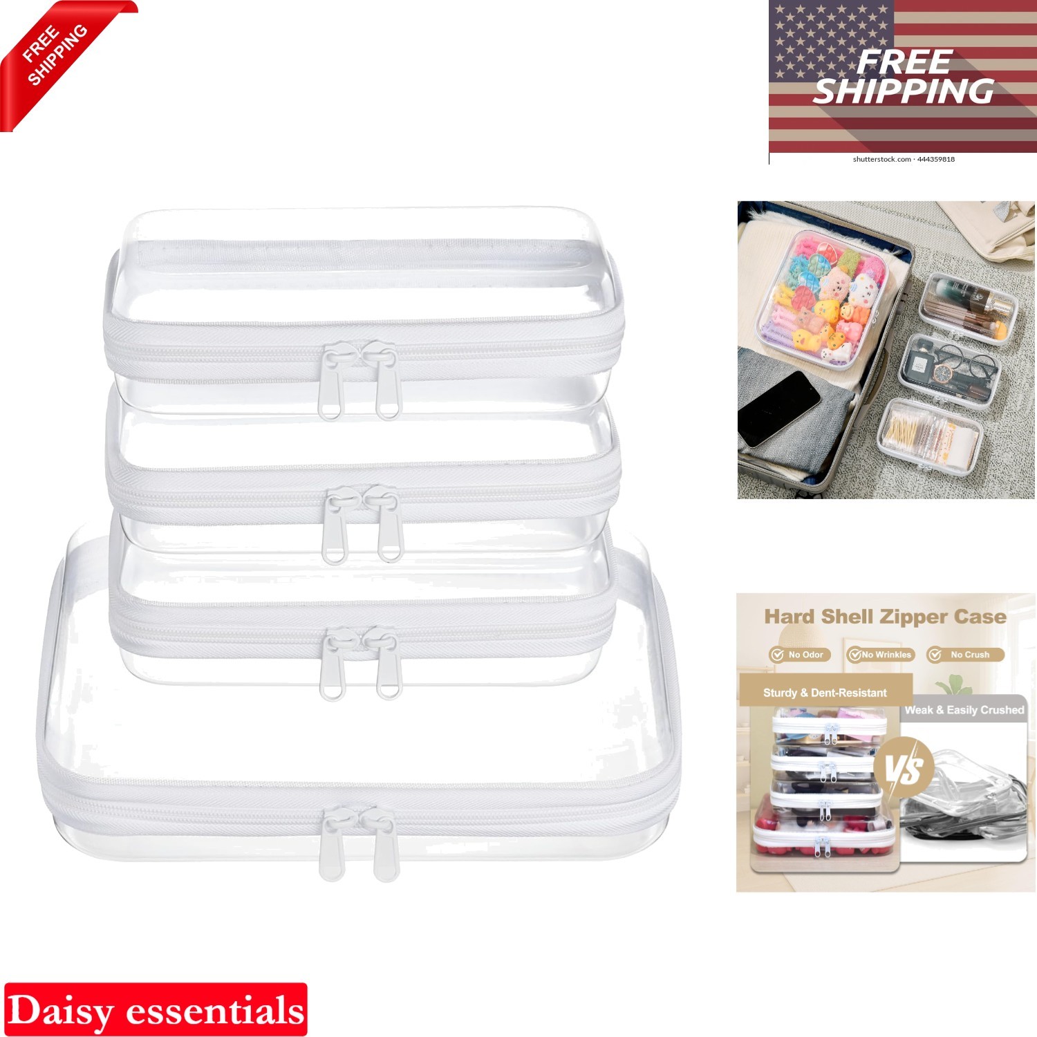 4 Pcs Clear Hard Shell Zipper Pouches Travel Organizer Toiletry Cosmetic Bag Set