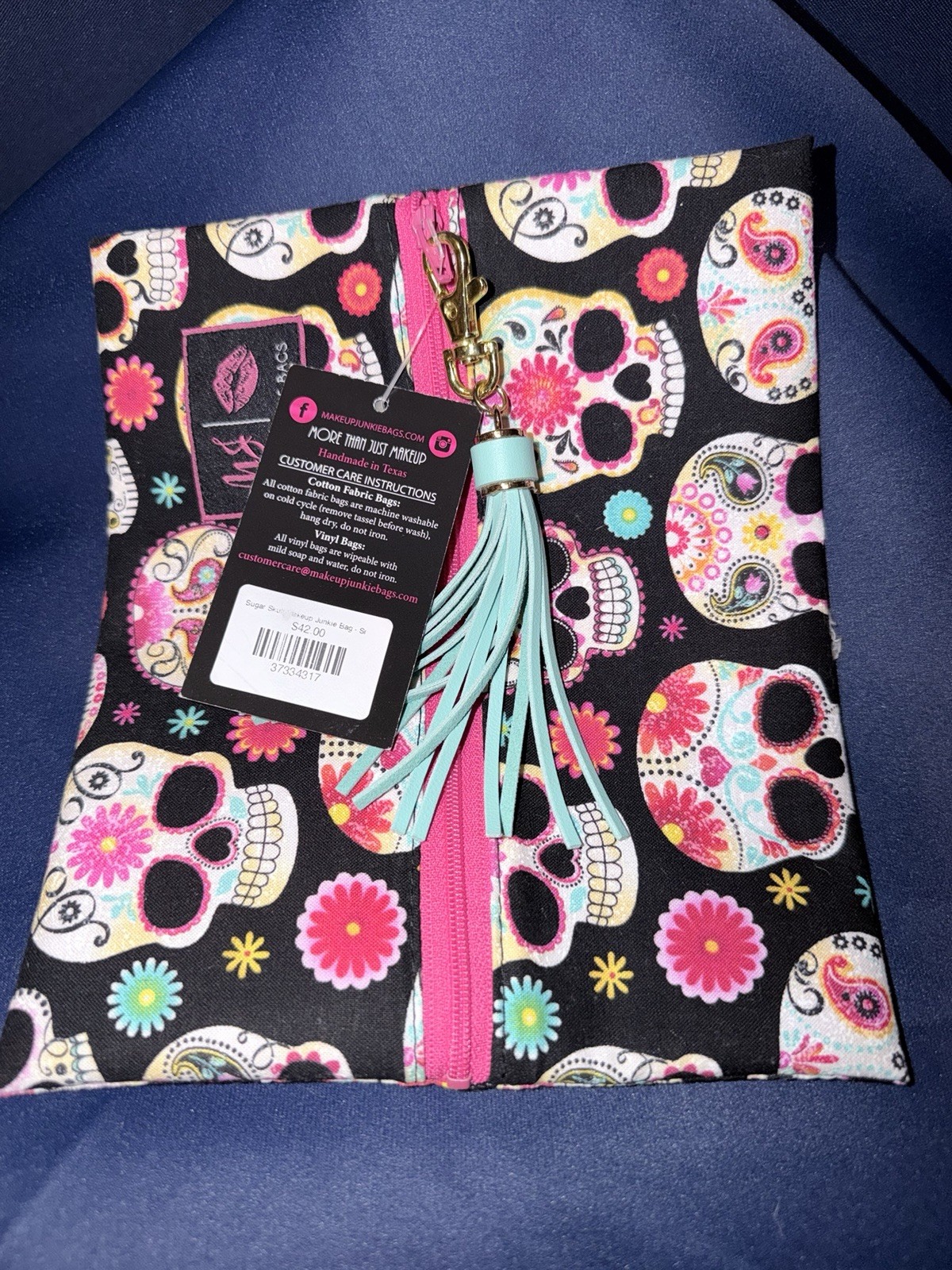 Makeup Junkie Bags Sugar Skull Cotton Fabric Zipper Makeup Bag w/ Tassel