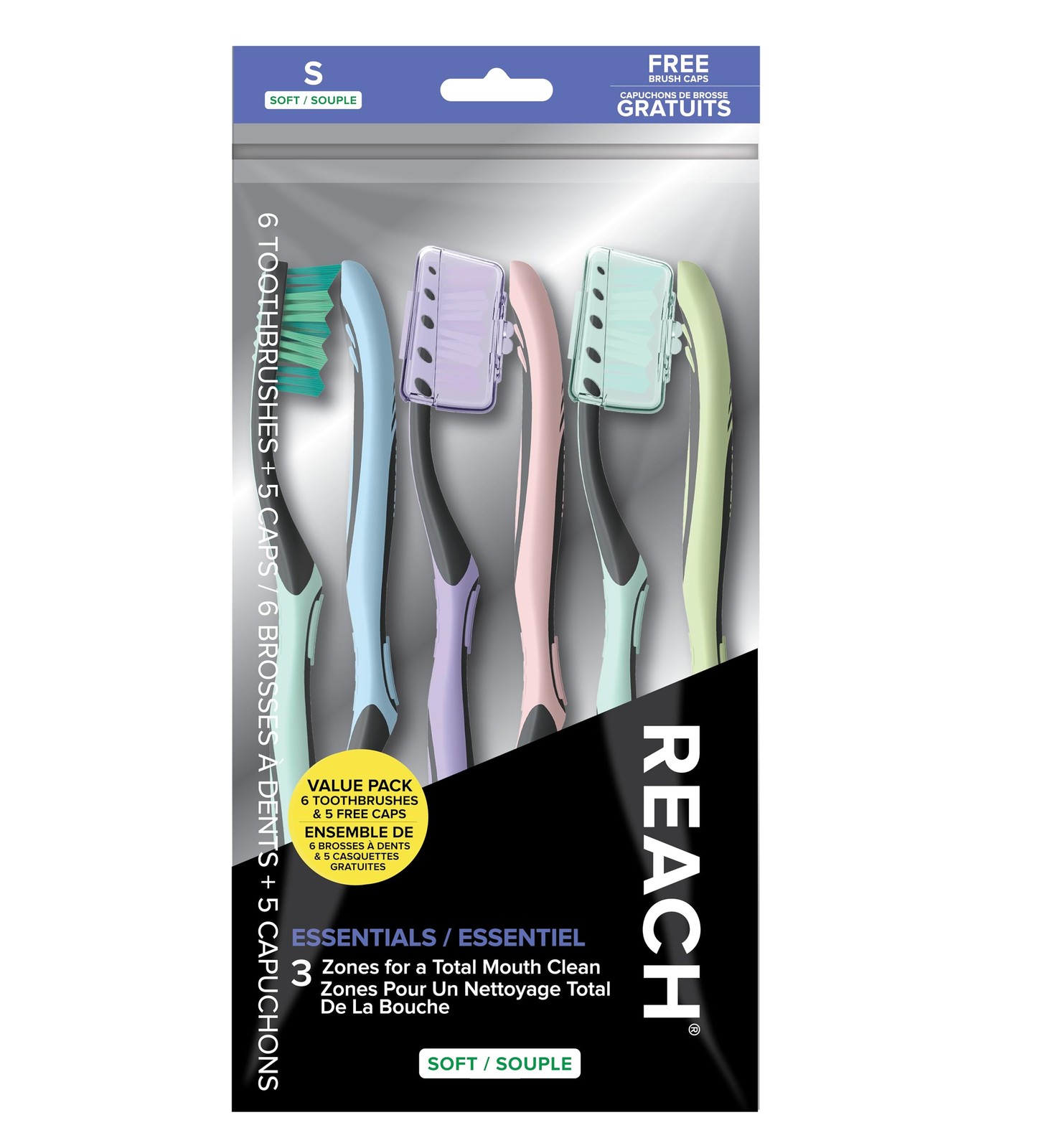 Reach Essentials Toothbrush with 6 Count (Pack of 1), Multicolor