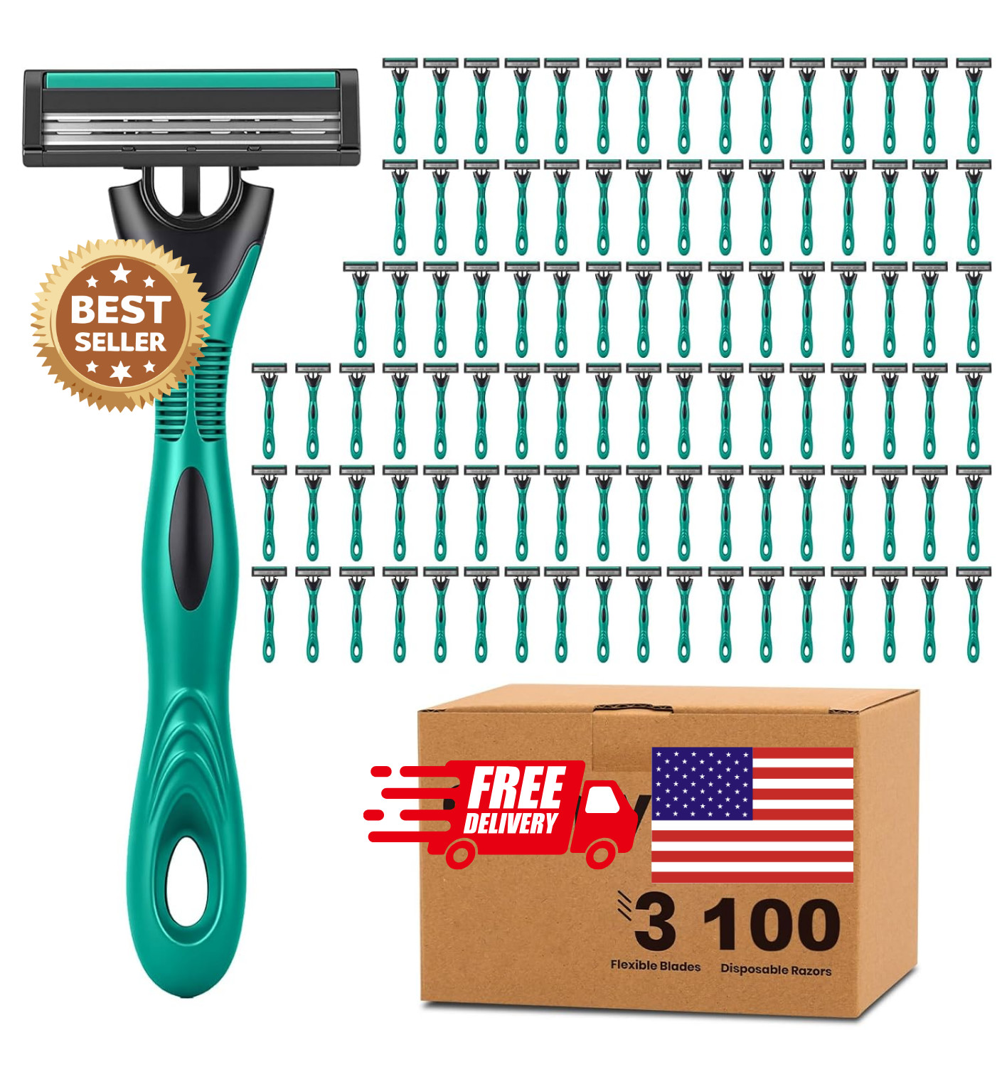 100-Pack Disposable Razors for Men, 3-Blade Stainless Steel Shaving Bulk Razors