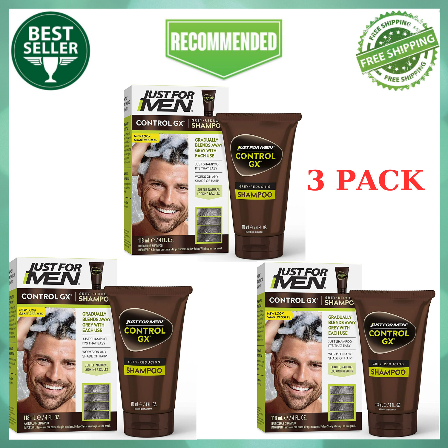 Just For Men Control GX Grey Reducing Shampoo 4 fl. oz. 3 pack. Gradually Color