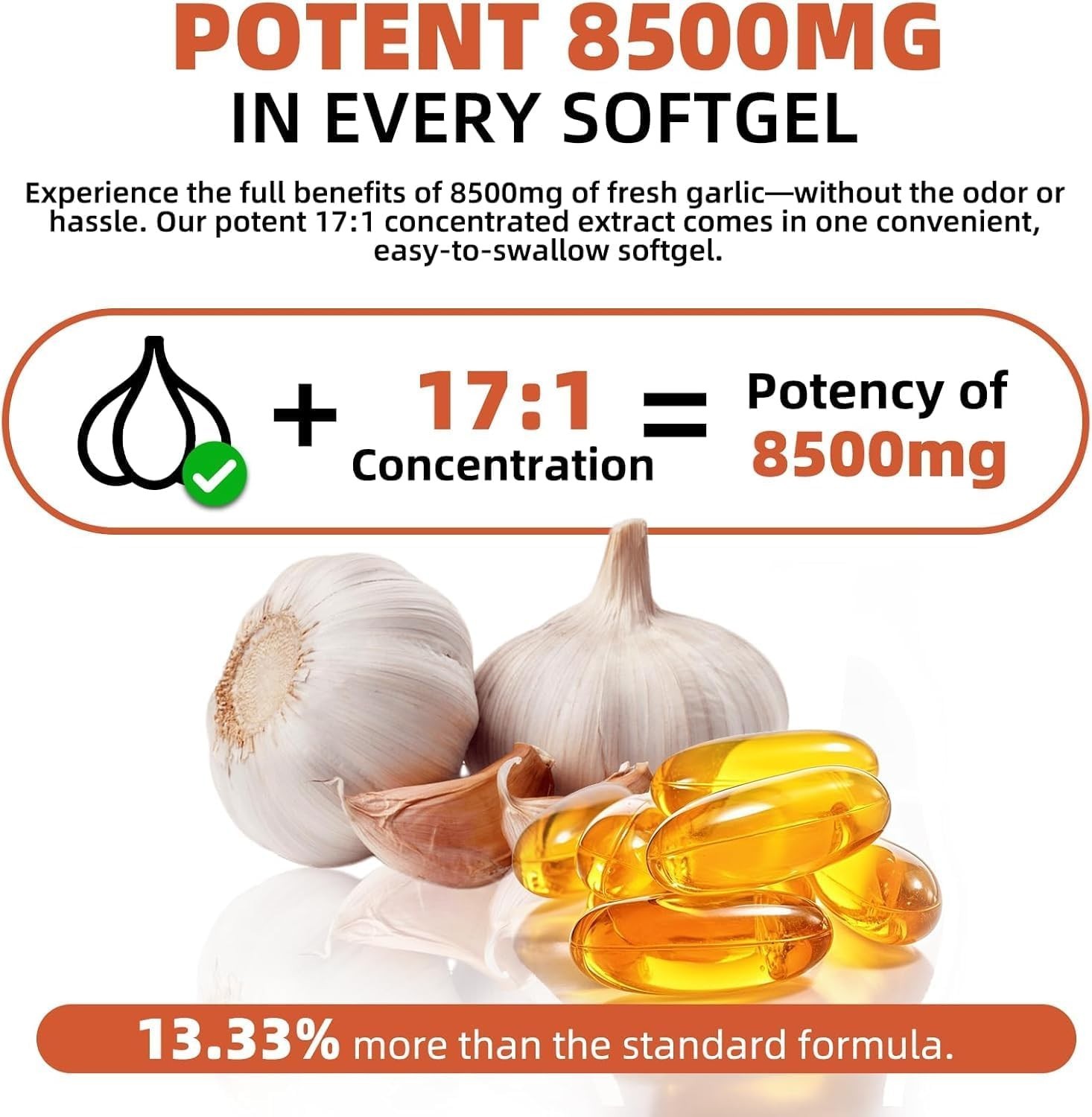 Odorless Aged Garlic Extract 8500mg – 300 Softgels, 2 Year Aged Organic Garlic S