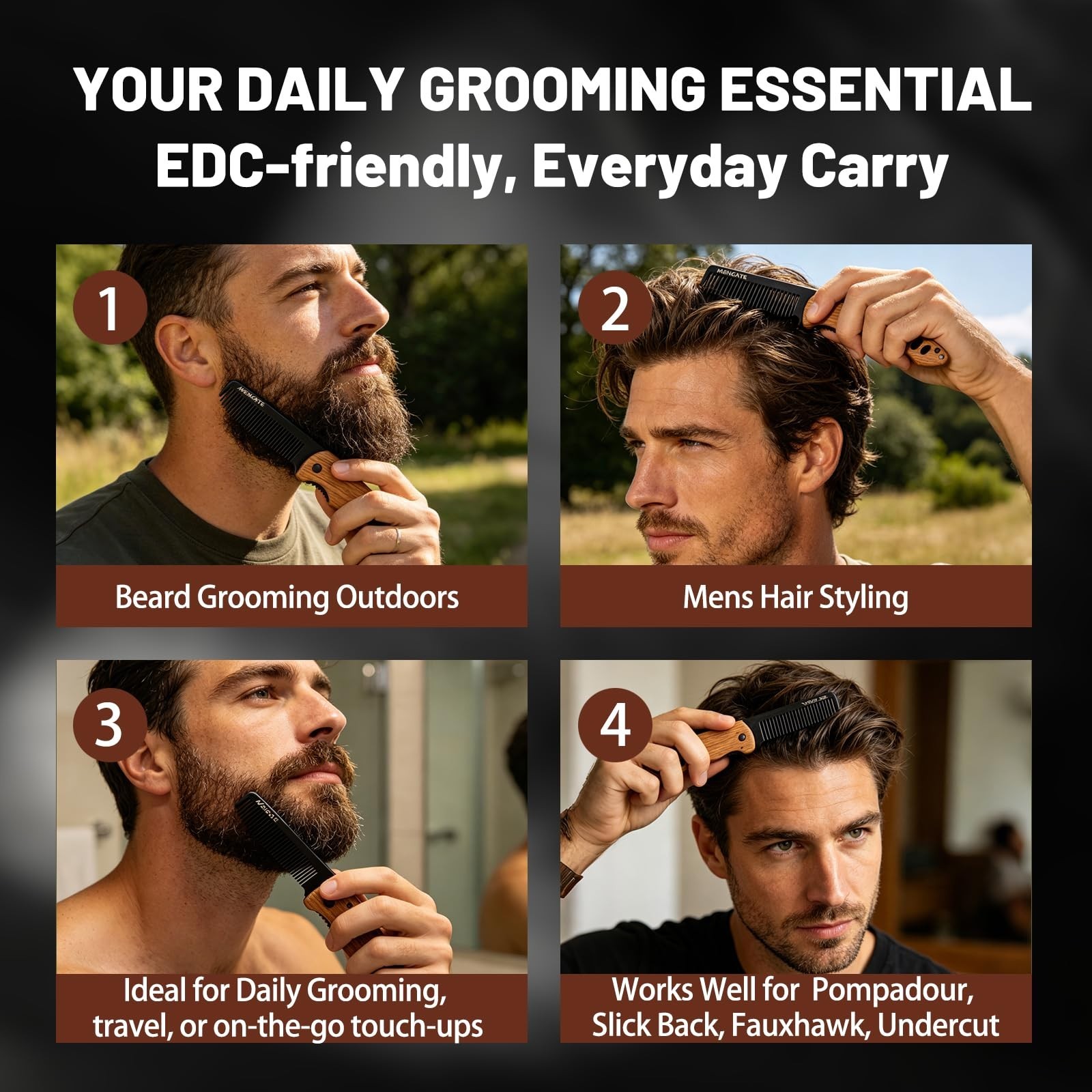 Compact Folding Pocket Beard & Mustache Comb – Metal Grooming Tool with Wooden H