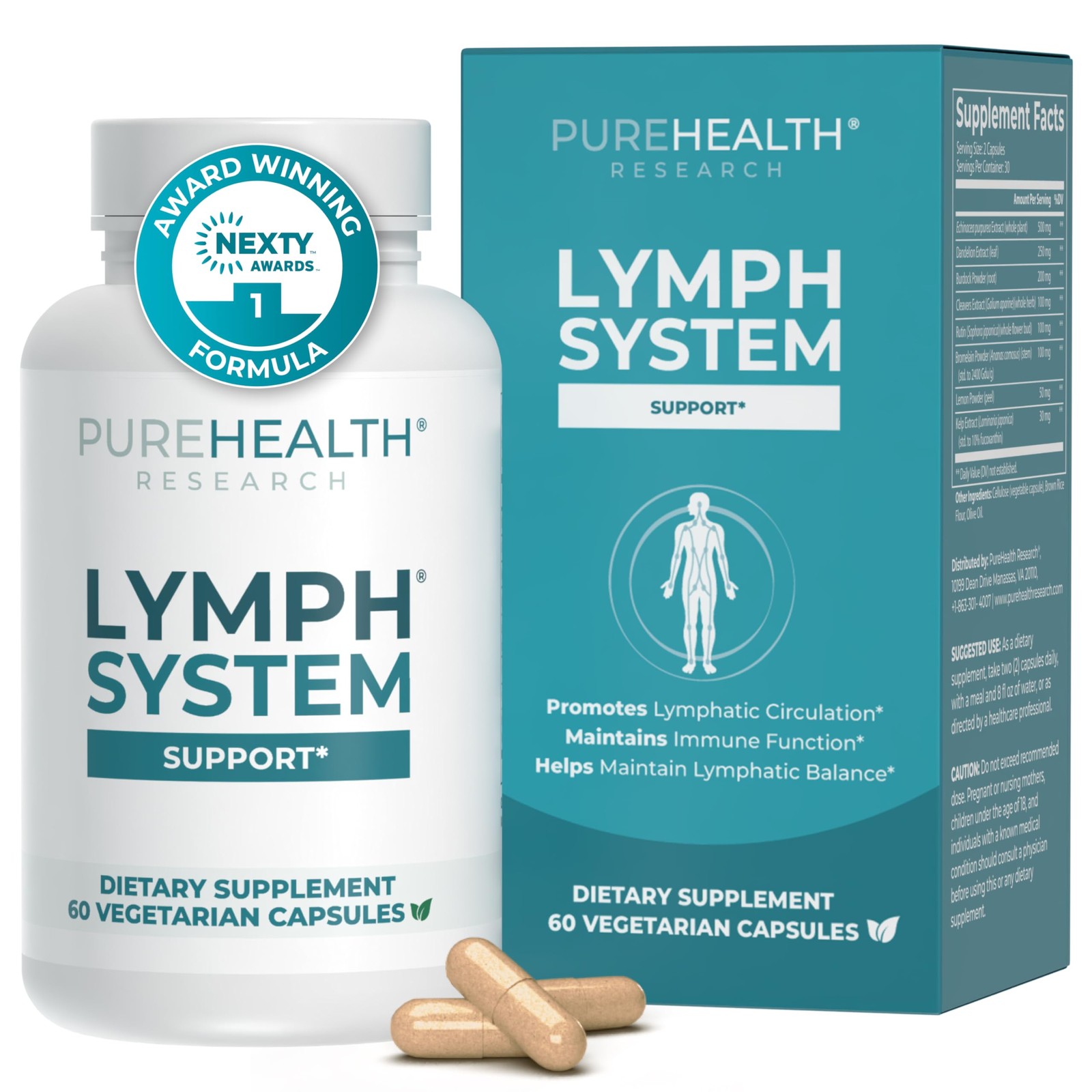 Lymph System Support Supplement Lymphatic Drainage 60 Capsules PUREHEALTH Women