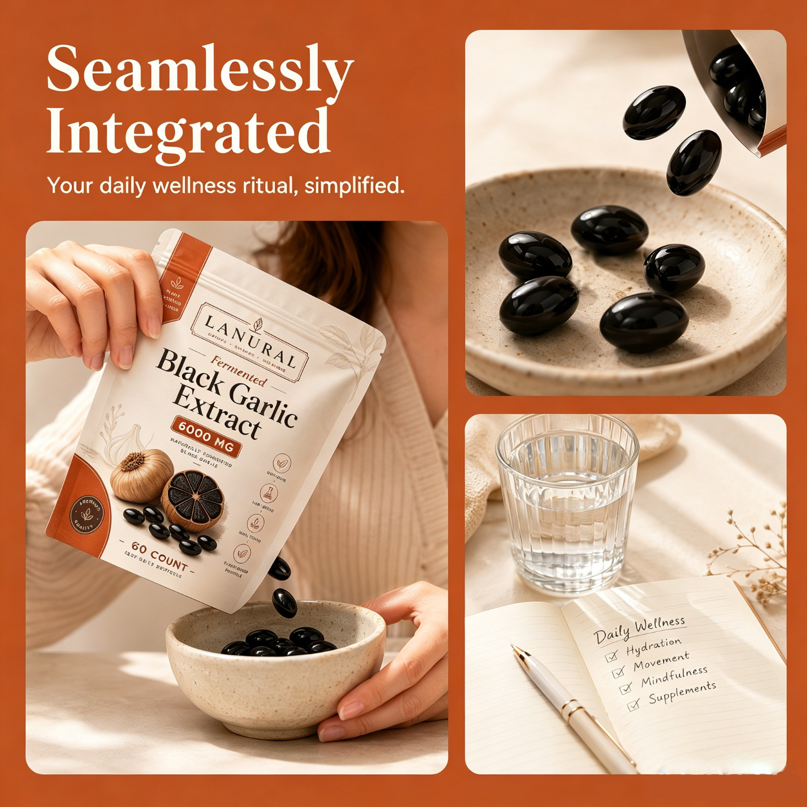 Lanural Fermented Black Garlic, Odorless Capsules, 60 Count
