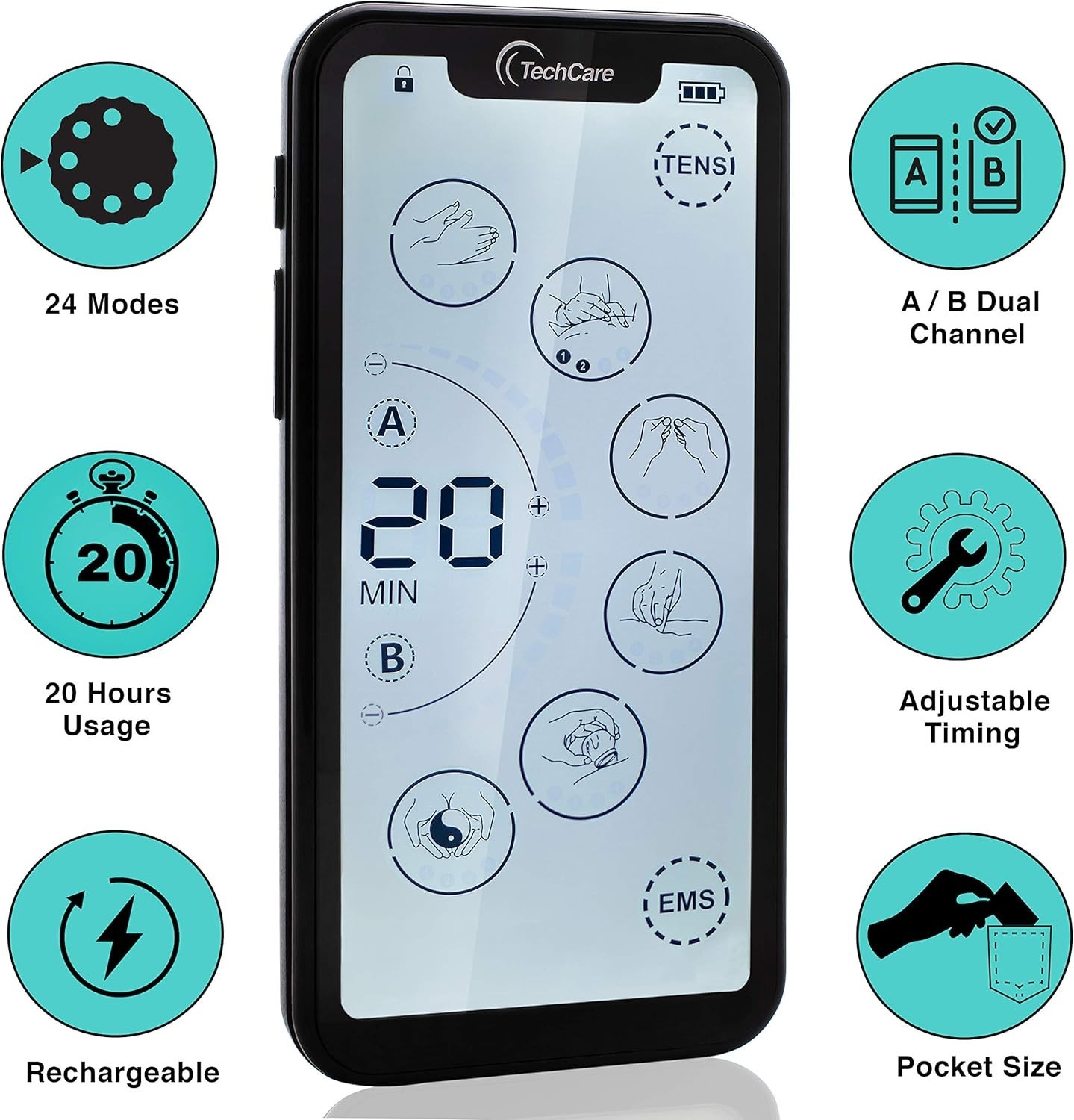 Touchscreen EMS Device, Dual Channel, Rechargeable, Deep Tissue Pain Relief