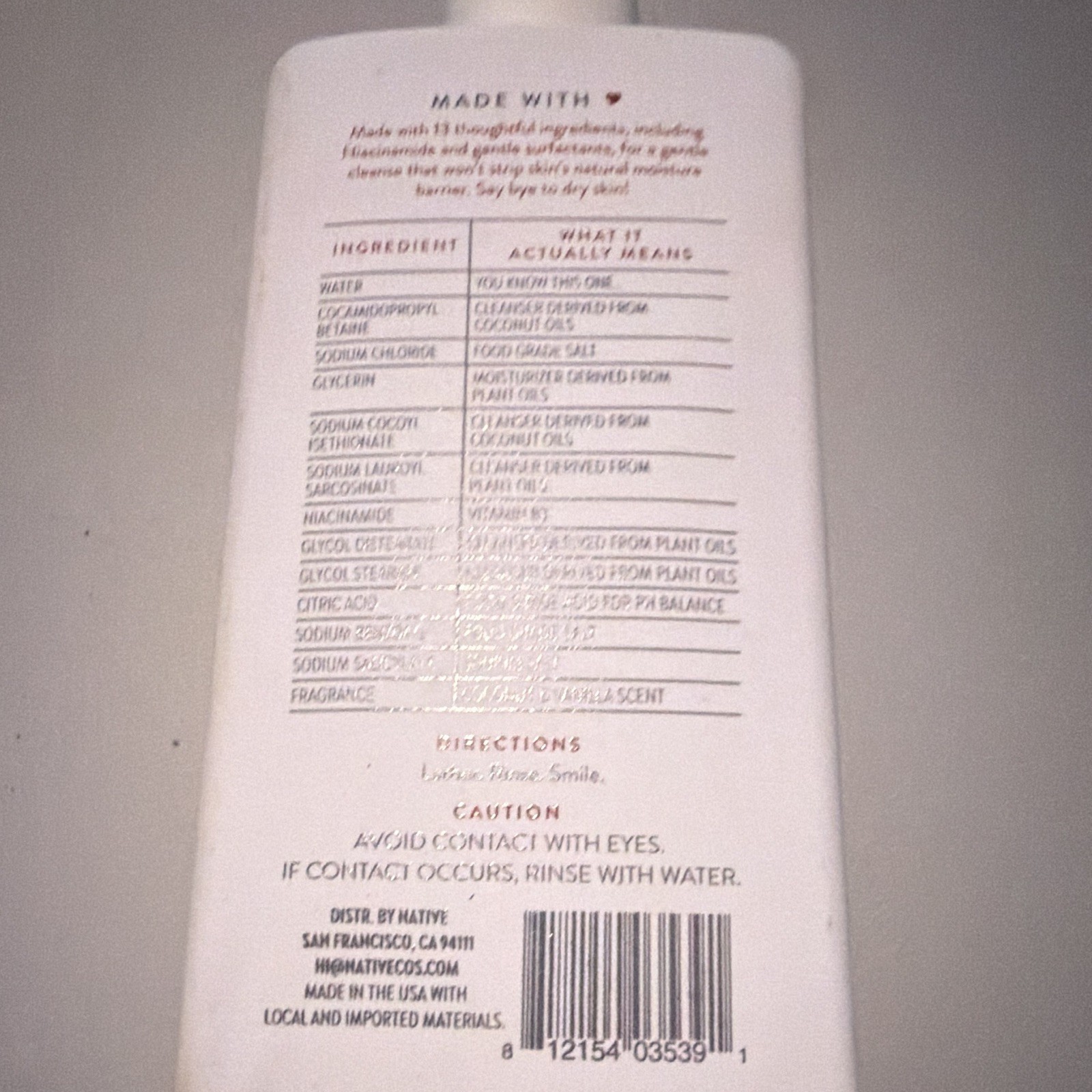 Native Facial Cleanser Coconut & Vanilla Sulfate/Paraben-Free Niacinamide 12 oz