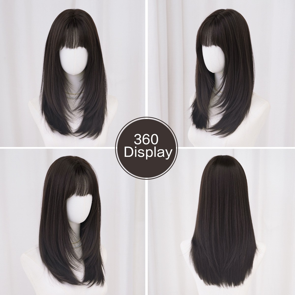 Dark Brown Chest Length Layered Straight Wig with Air Bangs High Quality