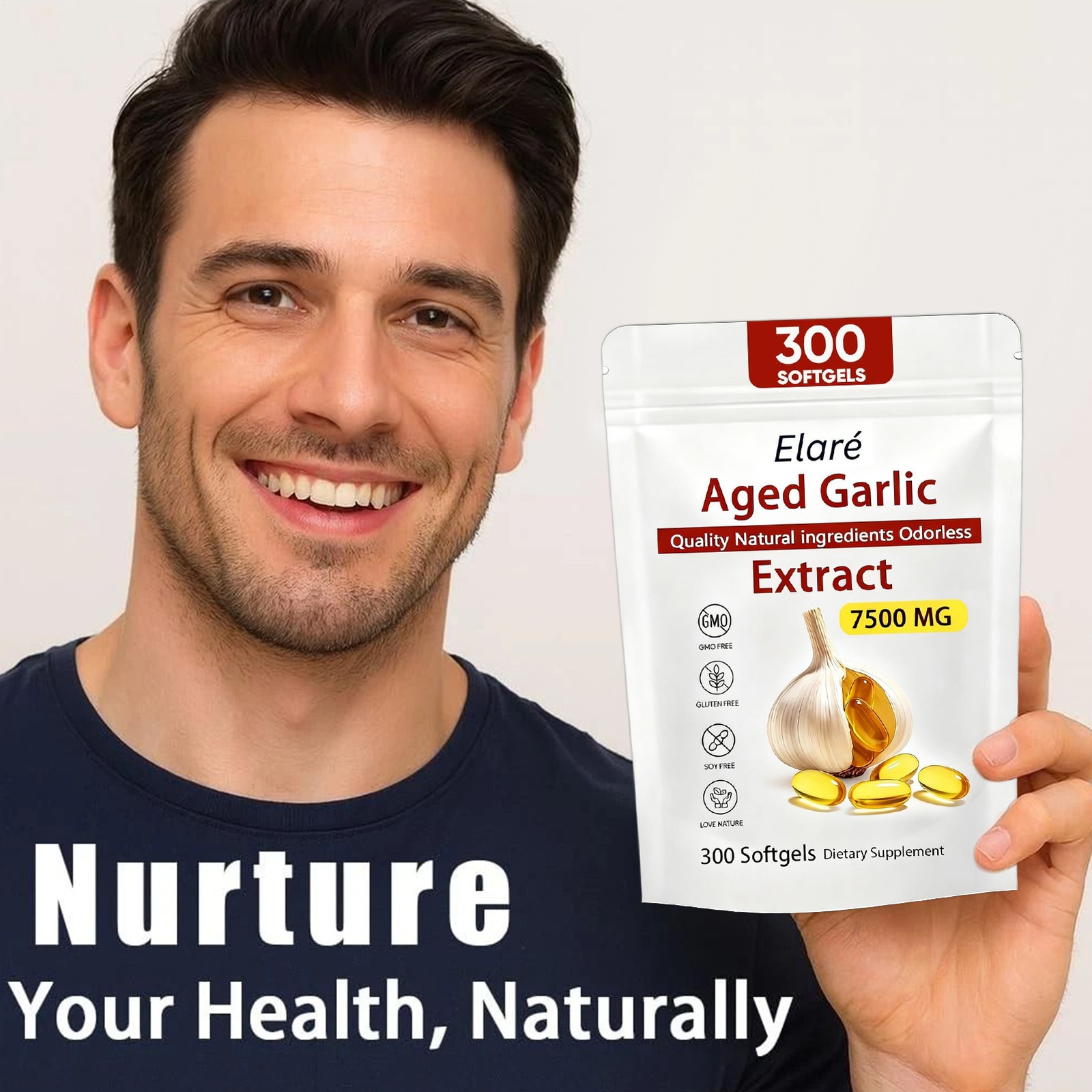 Elare 1 Garlic Extract, 300 Aged 7500mg Odorless Cardiac & Immune Softgels, Pack