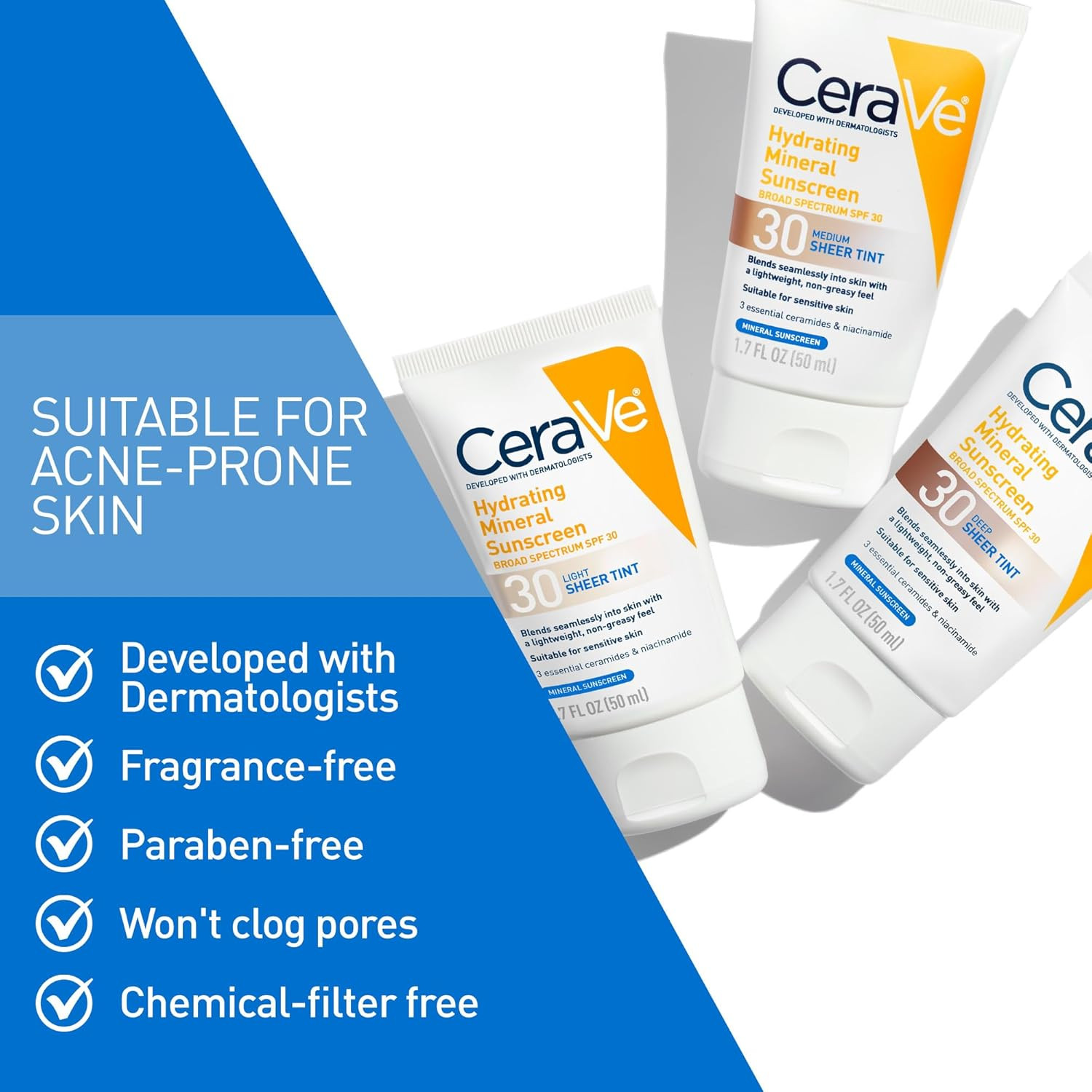 Cerave Hydrating Mineral Sunscreen SPF 30 with Sheer Tint, Tinted Mineral Sunscr