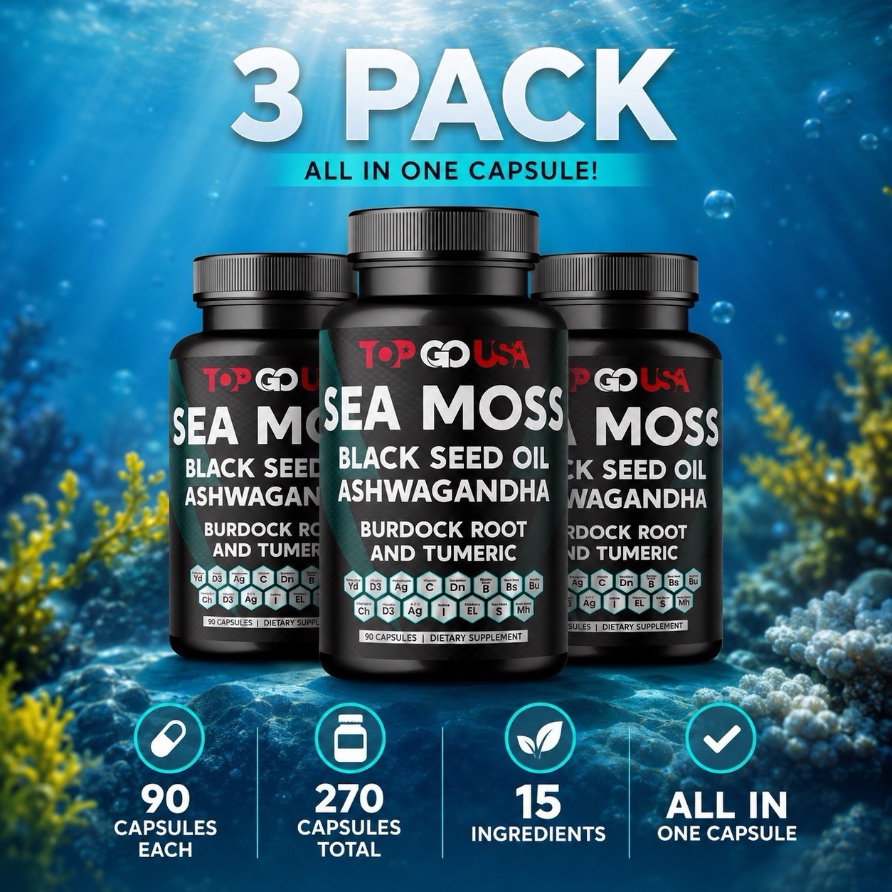 3 Pack Sea Moss Black Seed Oil Ashwagandha Burdock Root Turmeric 270 Capsules