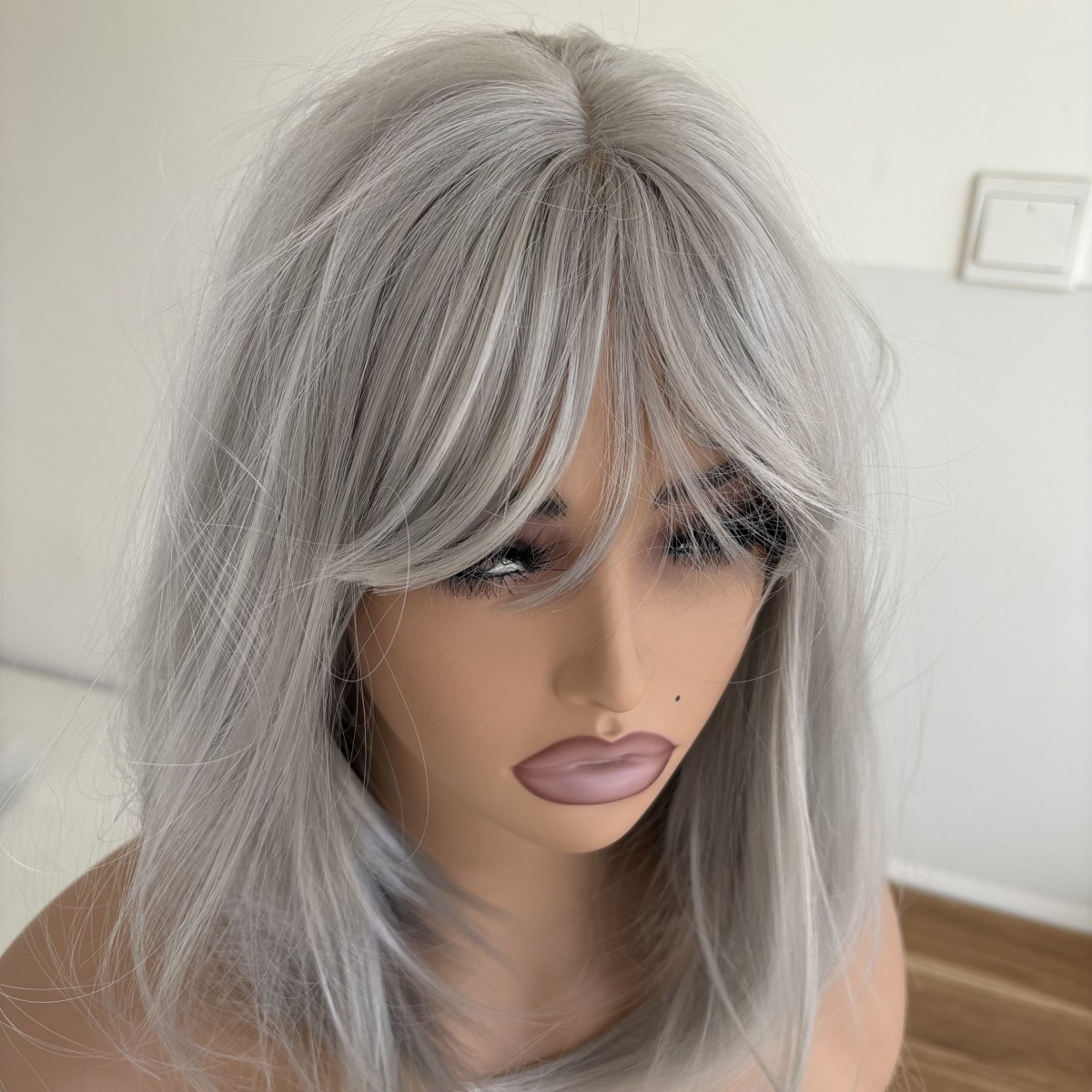 Grey Dress Up Wig With Bangs Synthetic Hair Heat Resistant Straight