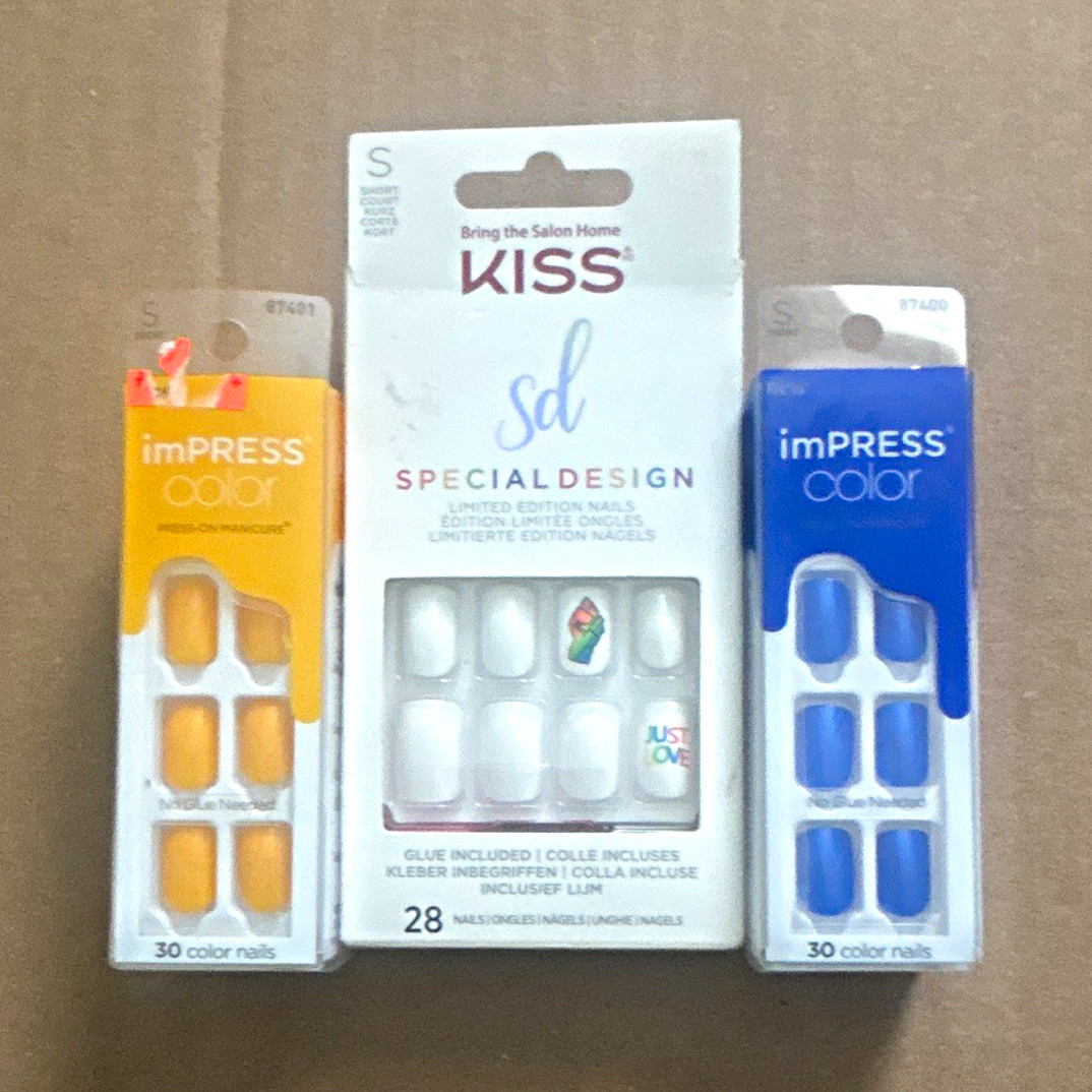 KISS imPRESS Press-On Nails Lot of 3 Yellow Blue White Matte Gel Short Square
