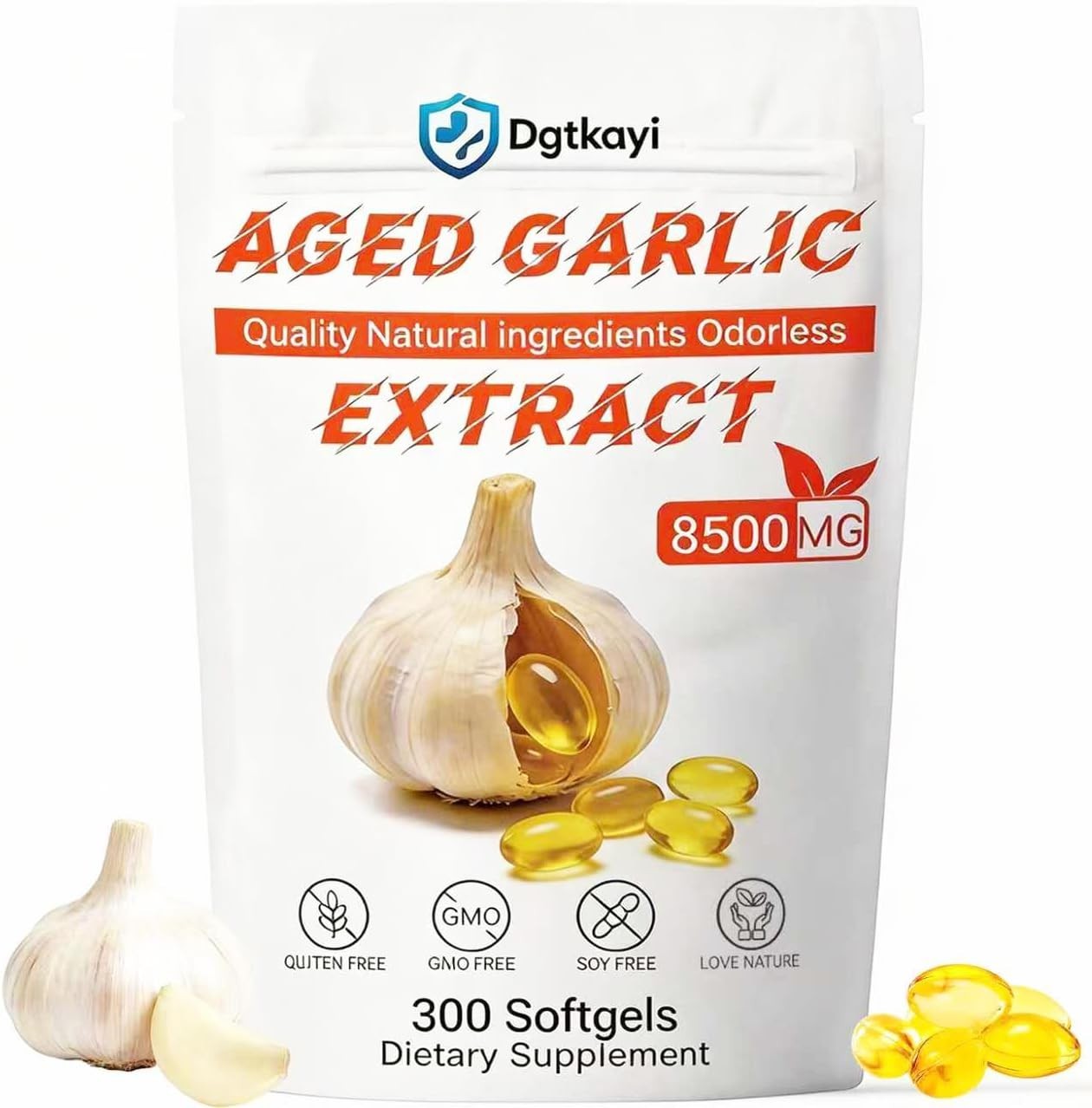 Odorless Aged Garlic Extract 8500mg – 300 Softgels, 2 Year Aged Organic Garlic S
