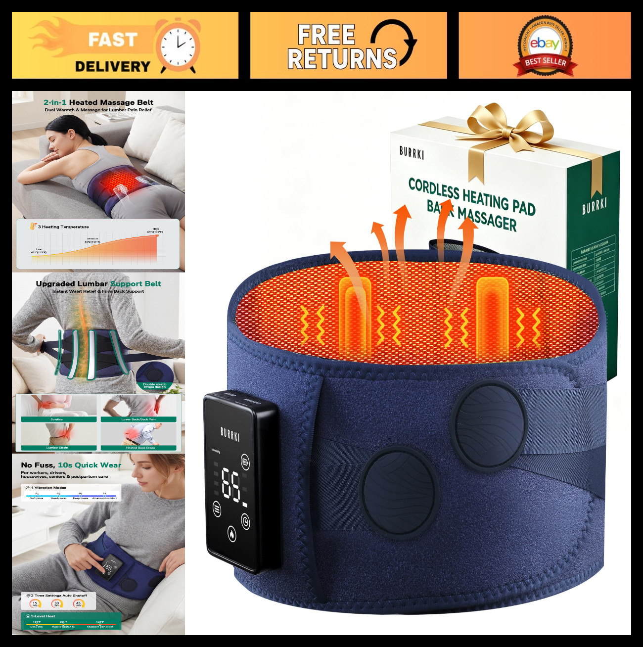 Rechargeable Cordless Heating Pad & Massager for Back Pain Relief, 2-in-1 Wearab