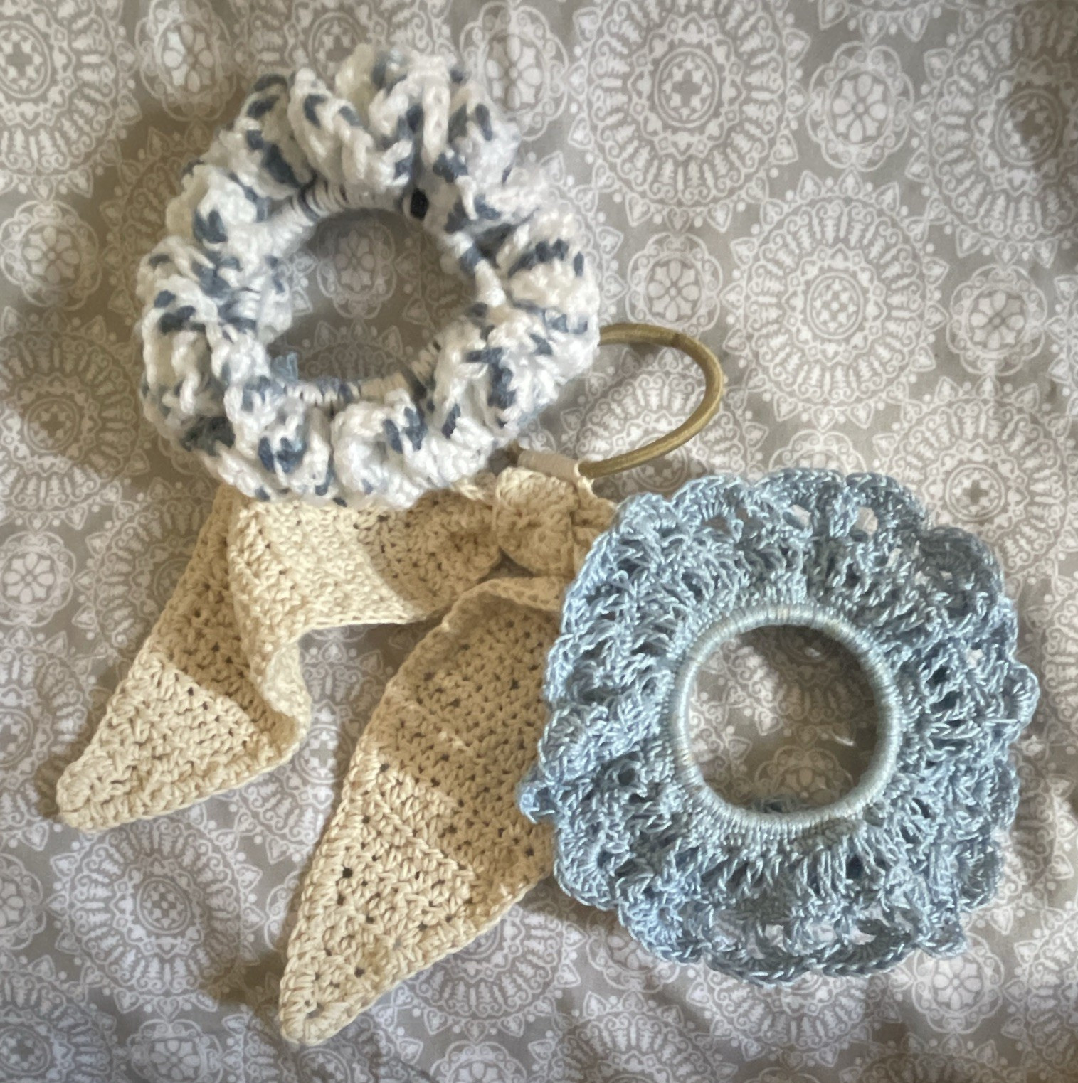 Crochet Scrunchie Set With Scarf Bow, Blue White Beige Hair Ties Women Adult