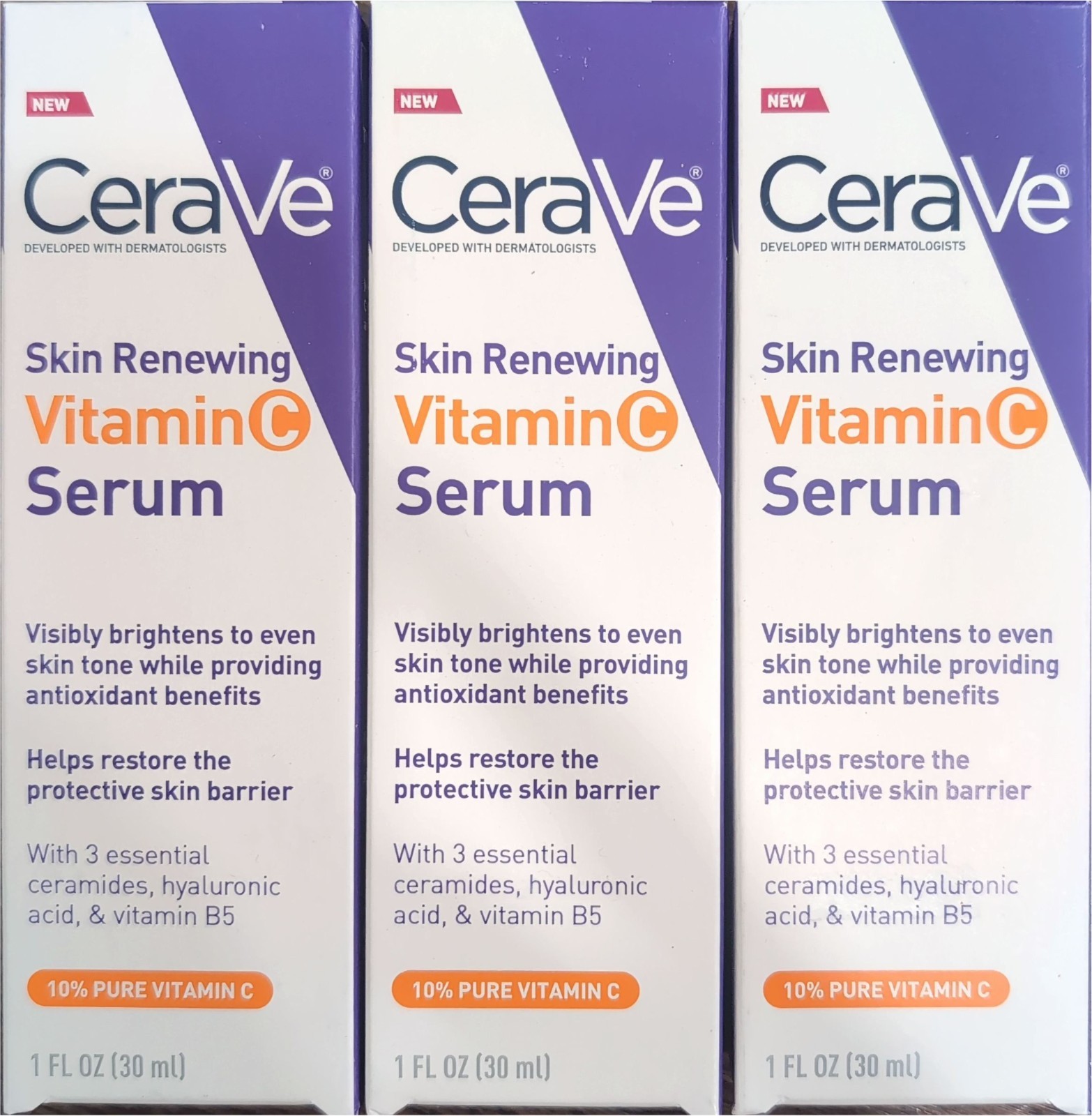 3-Pack CeraVe Skin Renewing Vitamin C Serum with Hyaluronic Acid – 1 FL Oz/30ml