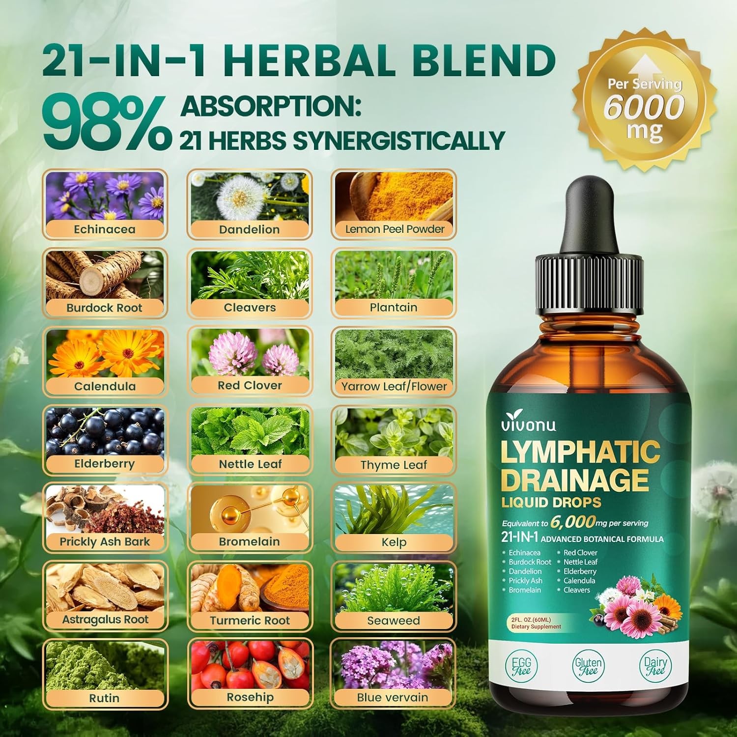 21-in-1 Lymphatic Drainage Drops for Liposomal, 6000mg Immune & Lymph System