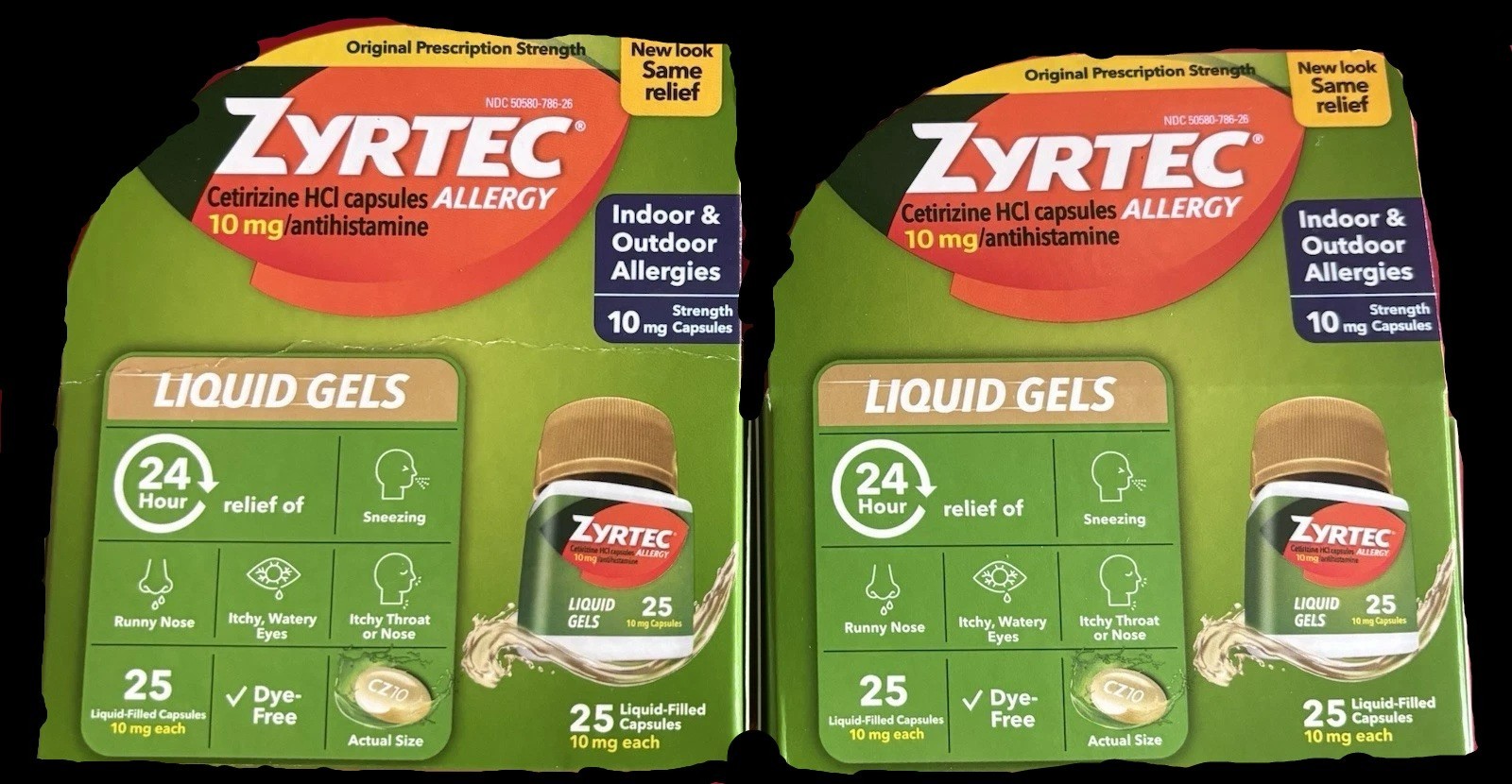 (2)ZYRTEC 50 liquid caps total 24HR INDOOR/OUTDOOR ALLERGIES EX 9/2026