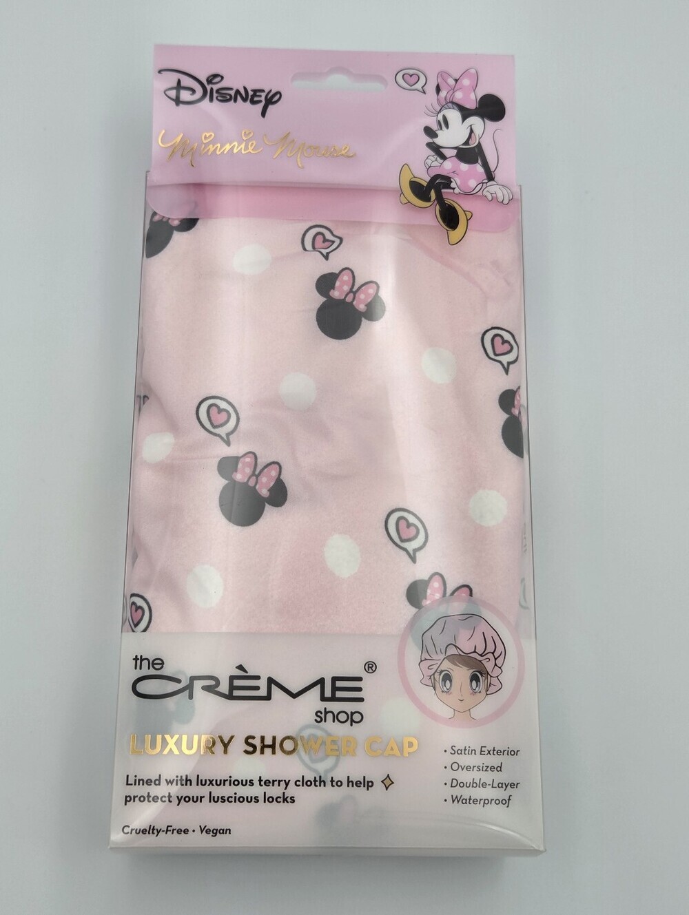 The Creme Shop Disney Pink Minnie Mouse Satin Shower Cap with Polka Dot Nwt