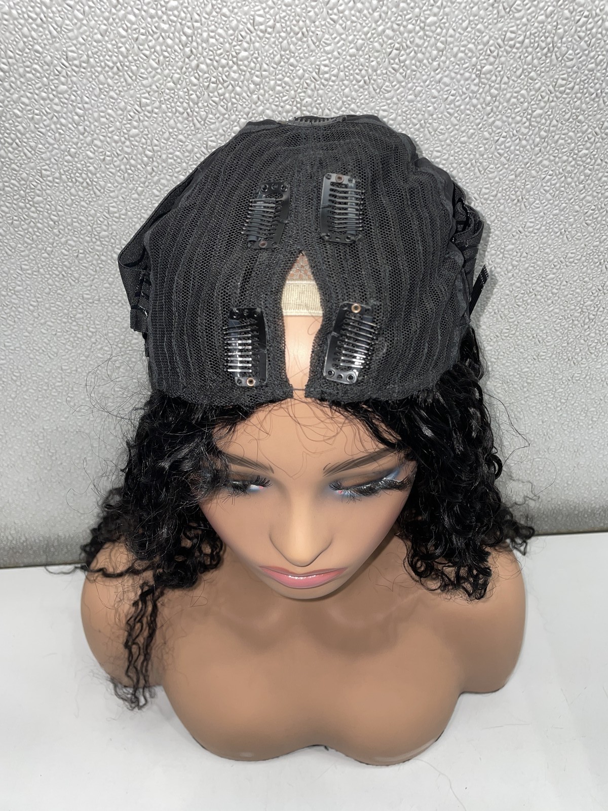 Black 20in Kinky Curly Human Hair V Part Glueless Wig