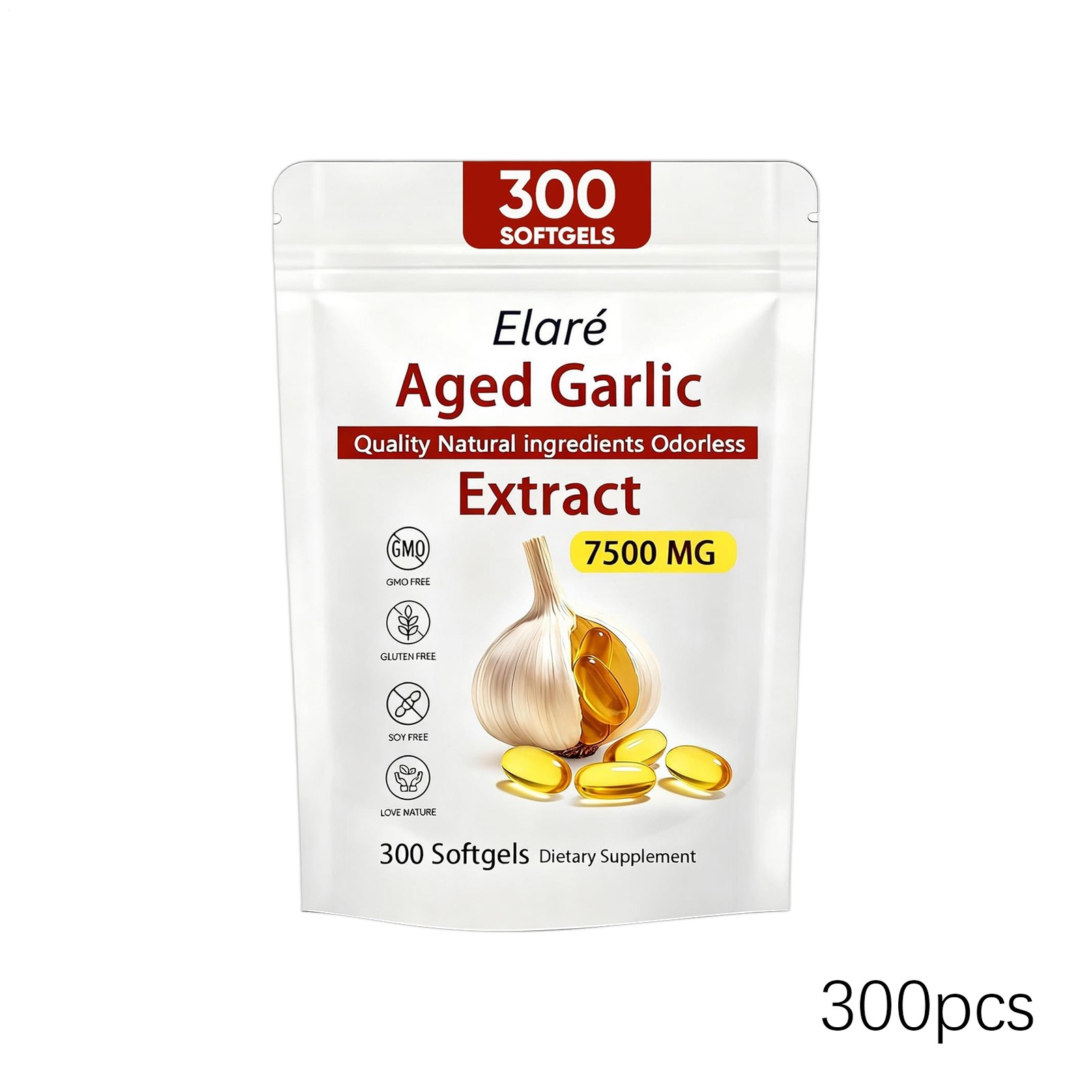 Elare Aged Garlic Heart Immune Softgels, Odorless 7500mg Extract, & 300 Pack 1-