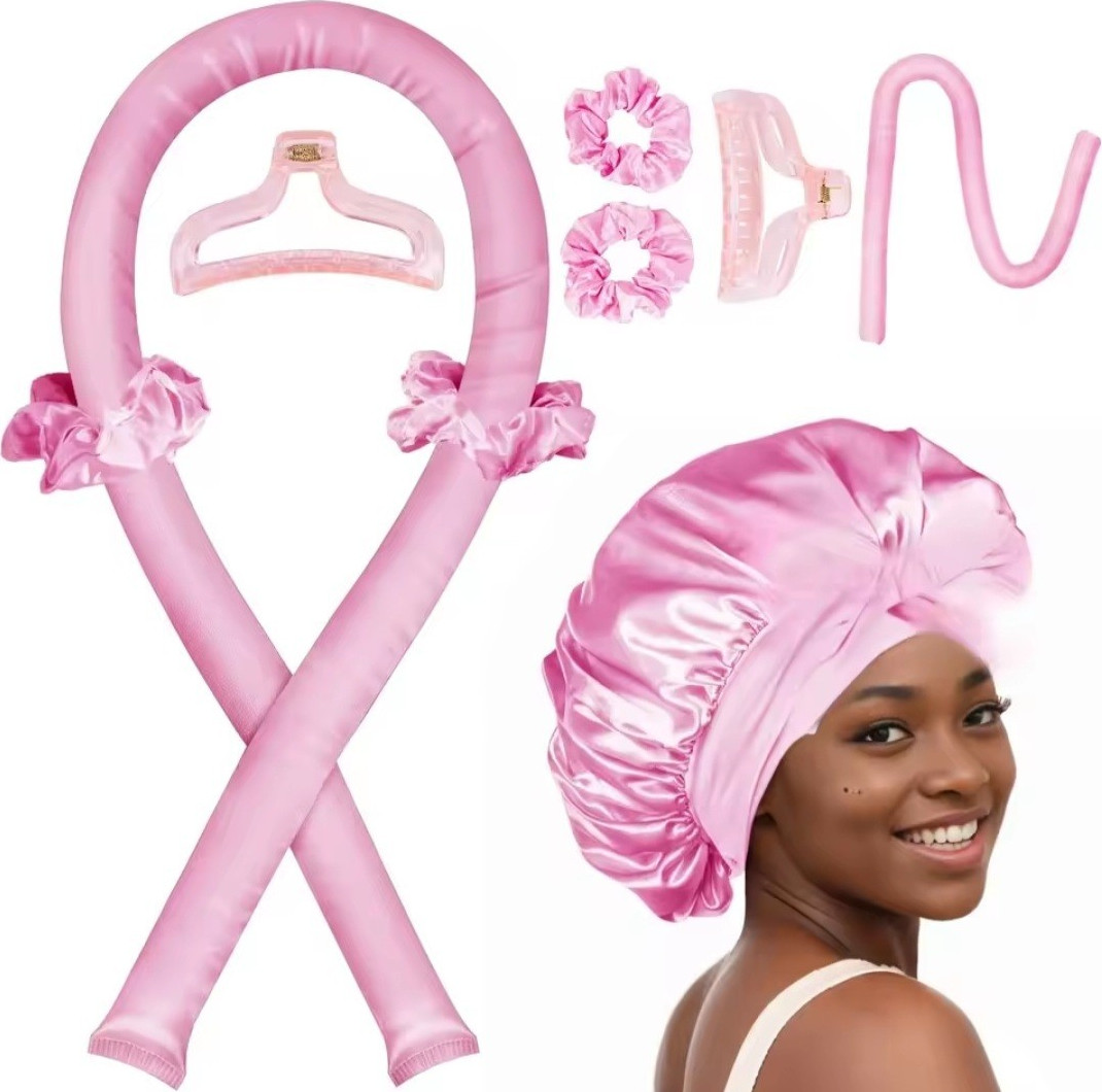 Satin Bendy Hair Rollers Set with Bonnet, Scrunchies, Pink Black Burgundy, 30cm