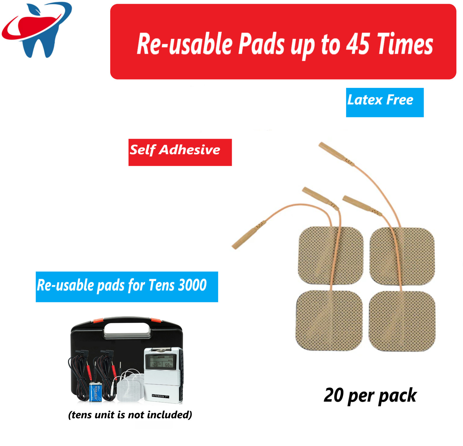 20 RE-USABLE PADS, FOR TENS 3000, 2X2 TAN CLOTH SELF-Adhesive Re-use up 45 times