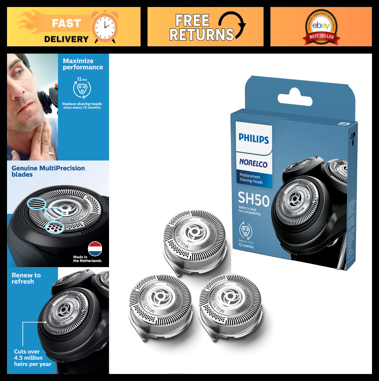 Genuine Shaving Heads for Philips Norelco Series 5000 & 6000 – 3 Pack, Self-Shar
