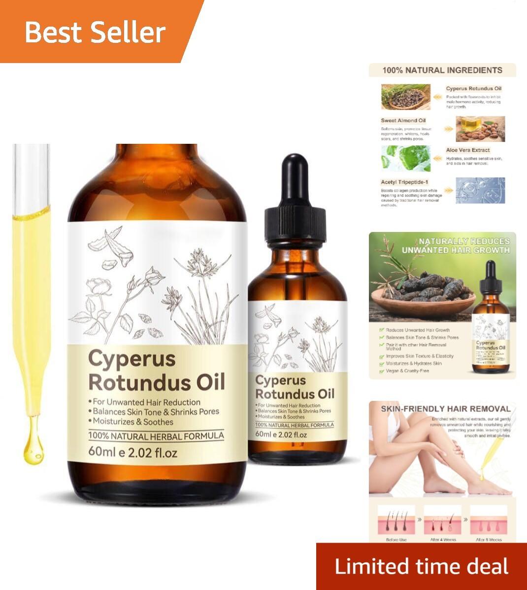 Cyperus Rotundus Oil 2 Pack 100% Pure Natural Organic Hair Removal 60ml