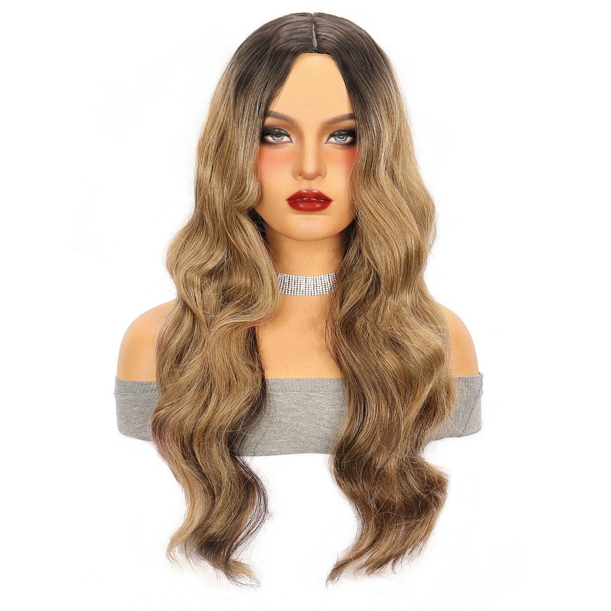 Brown Ombre Long Curly Machine Made Synthetic Full Head Wig for European Women