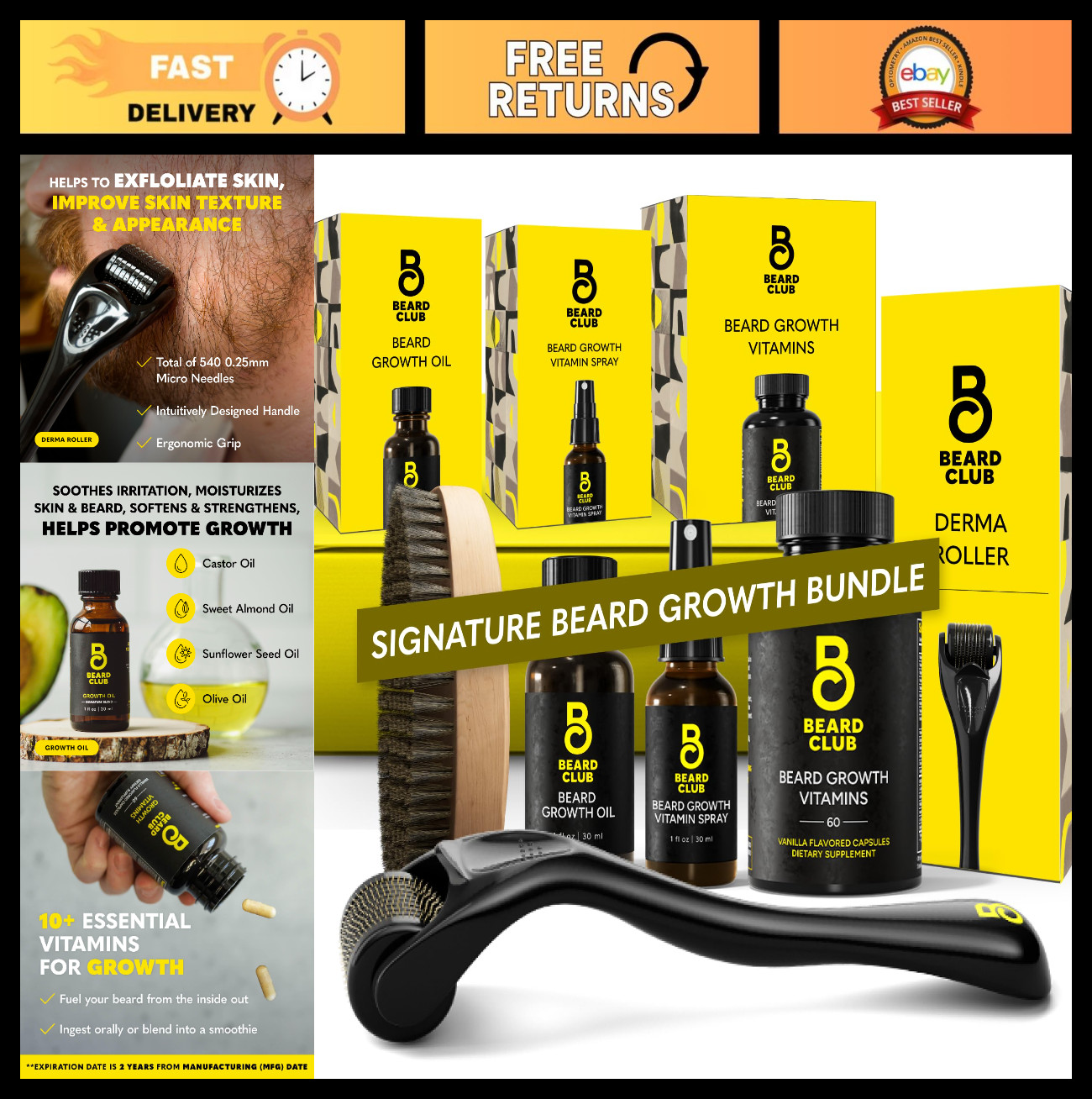 Beard Growth Kit – Derma Roller, Oil, Vitamins, Spray & Brush – Grooming Gift Se