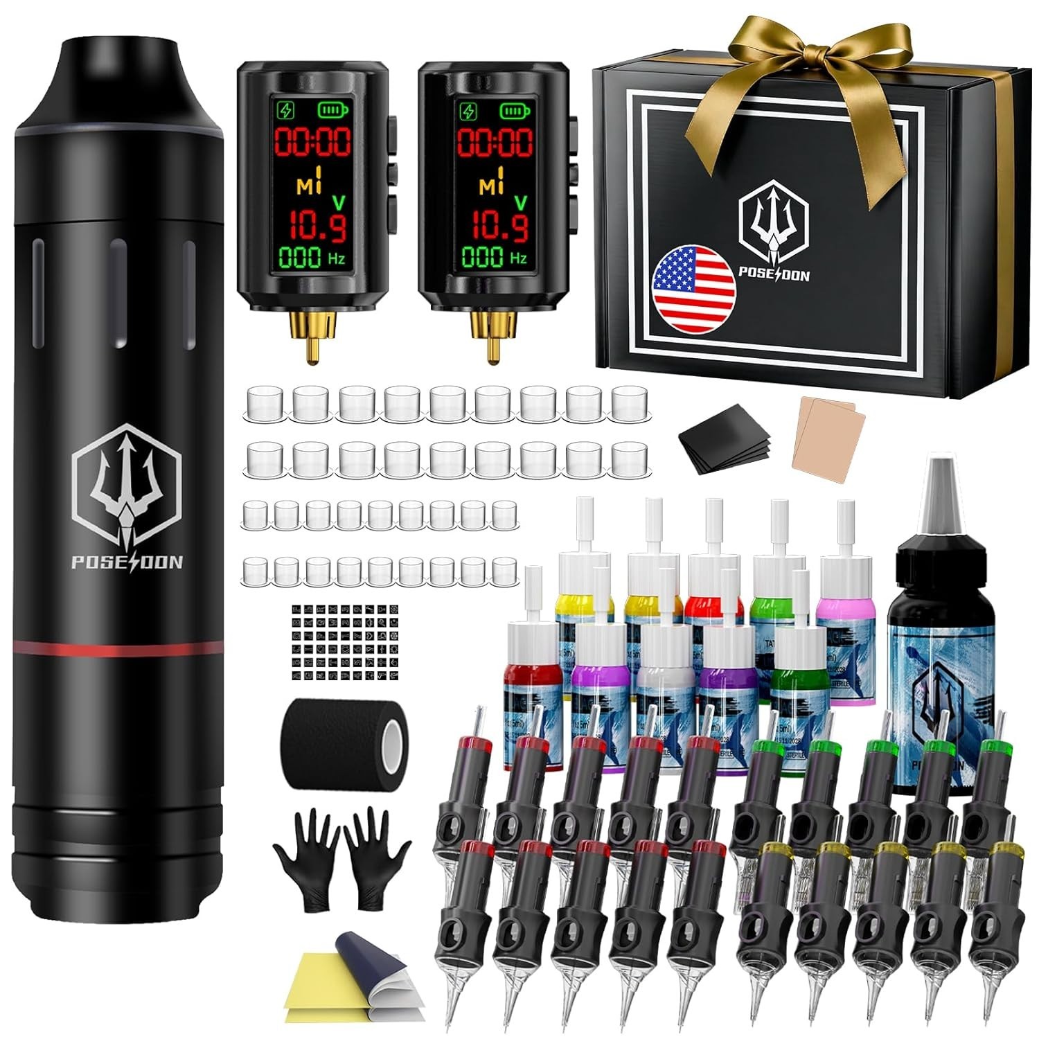 POSEIDON Cordless Tattoo Pen Kit with 2×1600mAh Batteries & Complete Starter Set