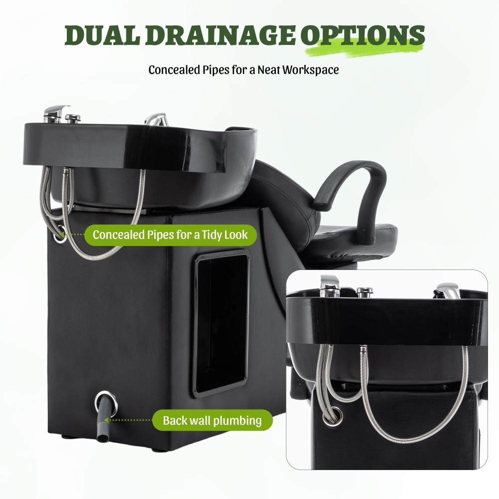 Salon Shampoo Bowl and Chair Set ABS Sink PU Leather Black
