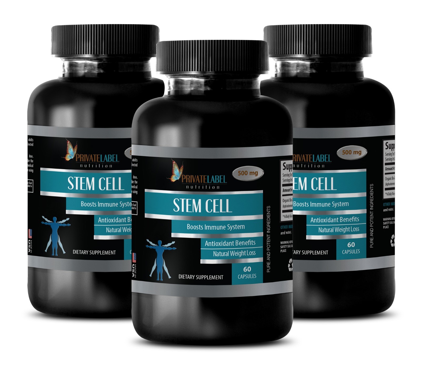 STEM CELL Supplement – Blue Green Algae 500mg Powder – 3 Bottles, 180 Capsules