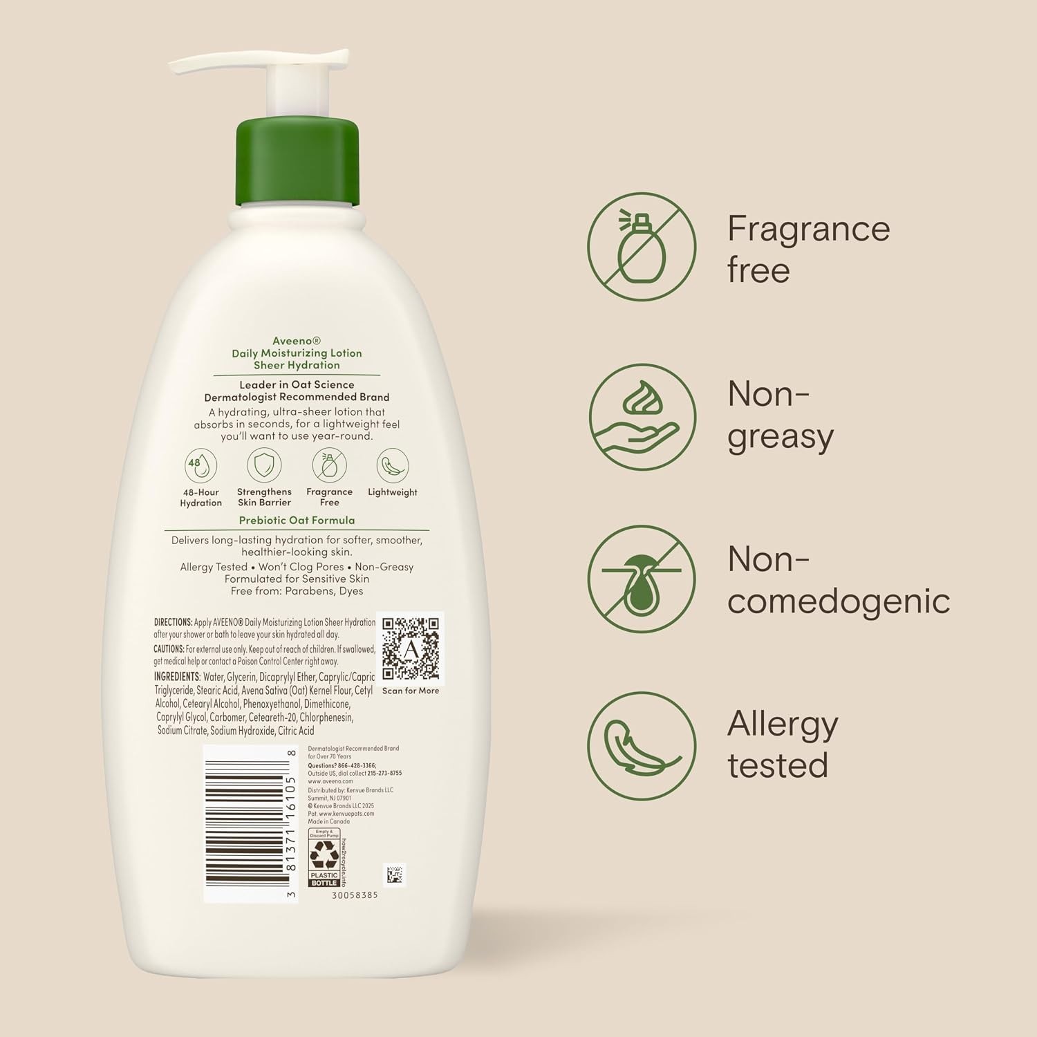 Aveeno Daily Moisturizing Body Lotion Prebiotic Oat Fragrance Free NEW 18oz