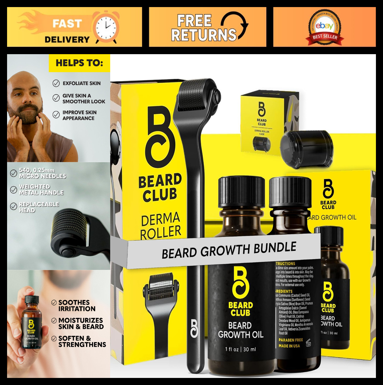 Premium Microneedling Derma Roller & Beard Growth Oil – 540 Titanium Needles, Fa