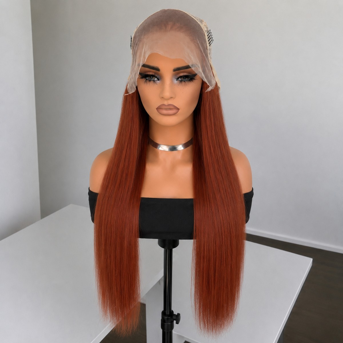 Layered Glue Less Lace Front Wig Copper Red Long Straight Heat Resistant Hair