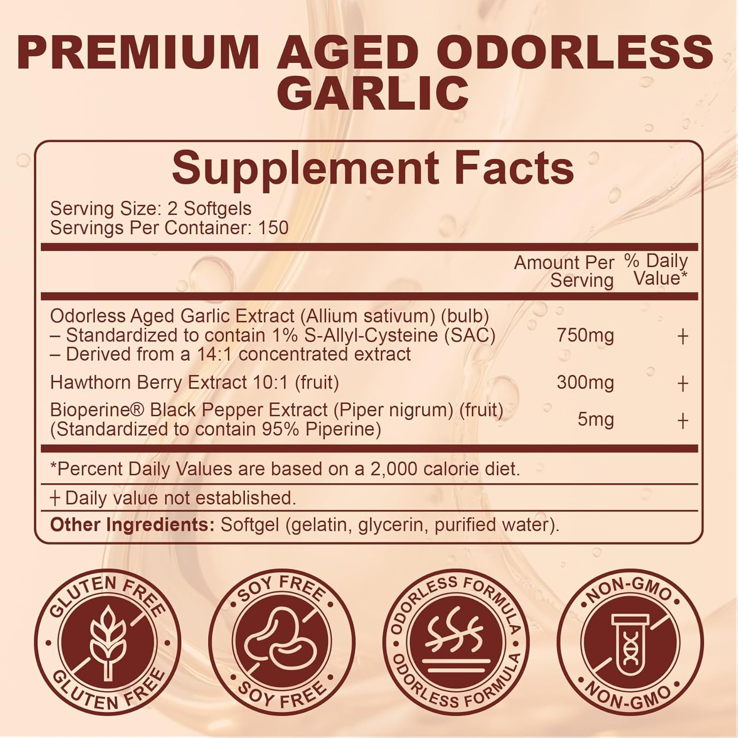 Aged Garlic Extract 750mg Softgels, Odorless Garlic Supplement, Standardized for