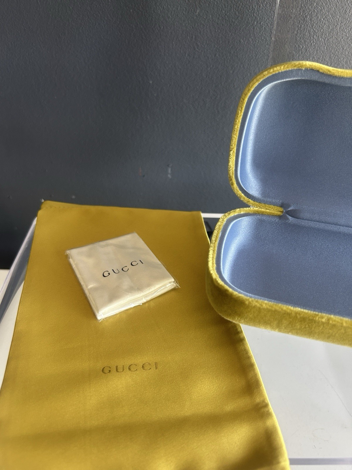 Gucci Yellow / Mustard Velvet Velour Hard Shell Eyeglasses Case, Cloth & Pouch