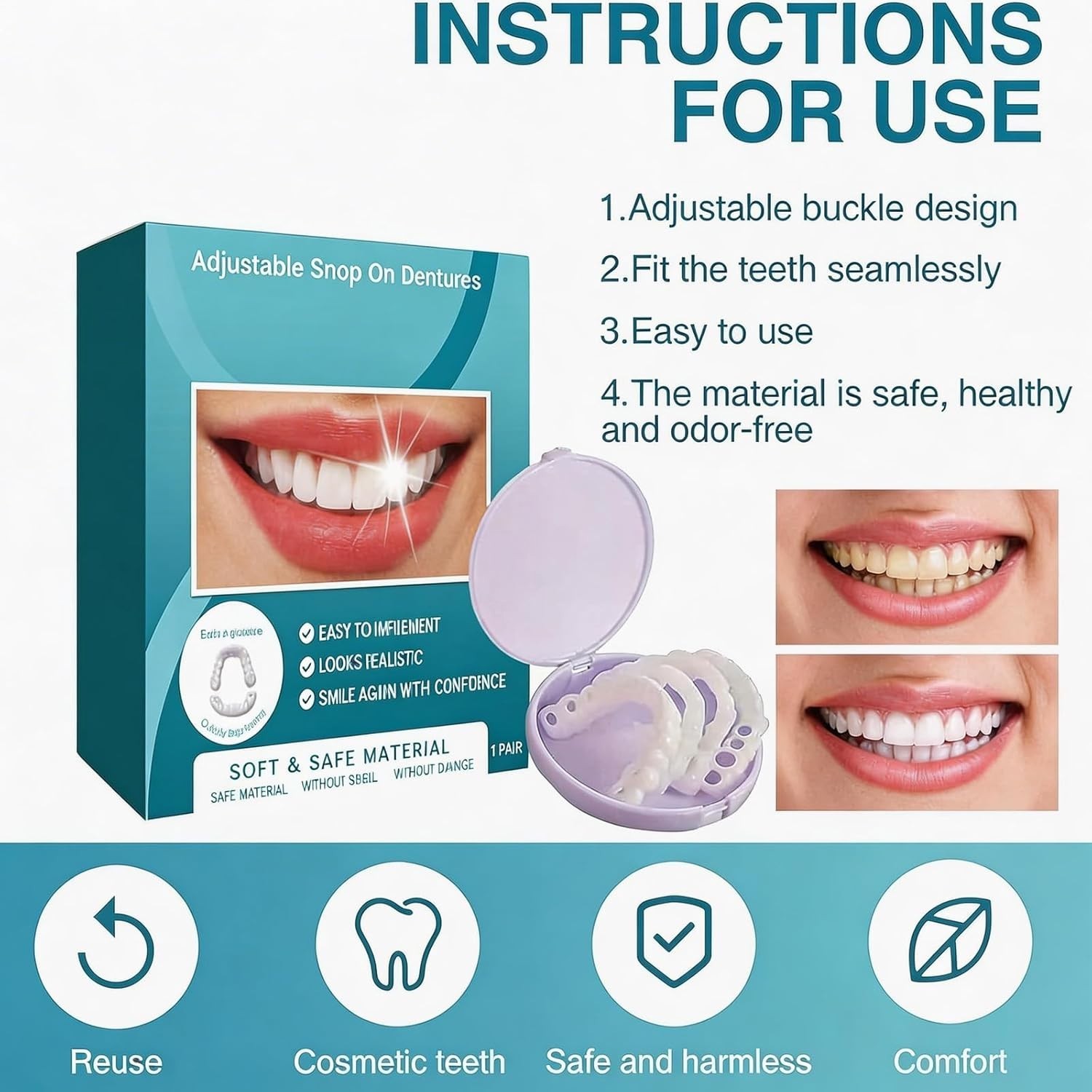 Smile Snap On Upper + Lower False Teeth Dental Veneers Denture Tooth Cover Set