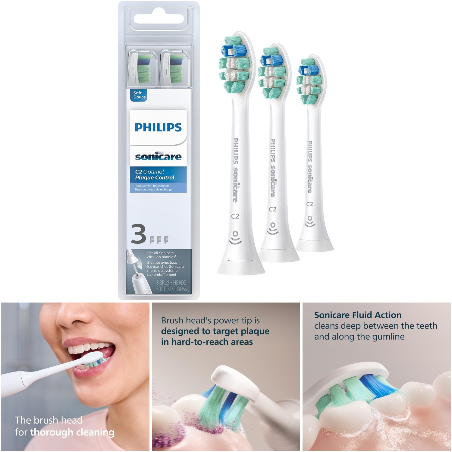 Plaque Control Electric Toothbrush Heads White 3 Pack HX9023/65