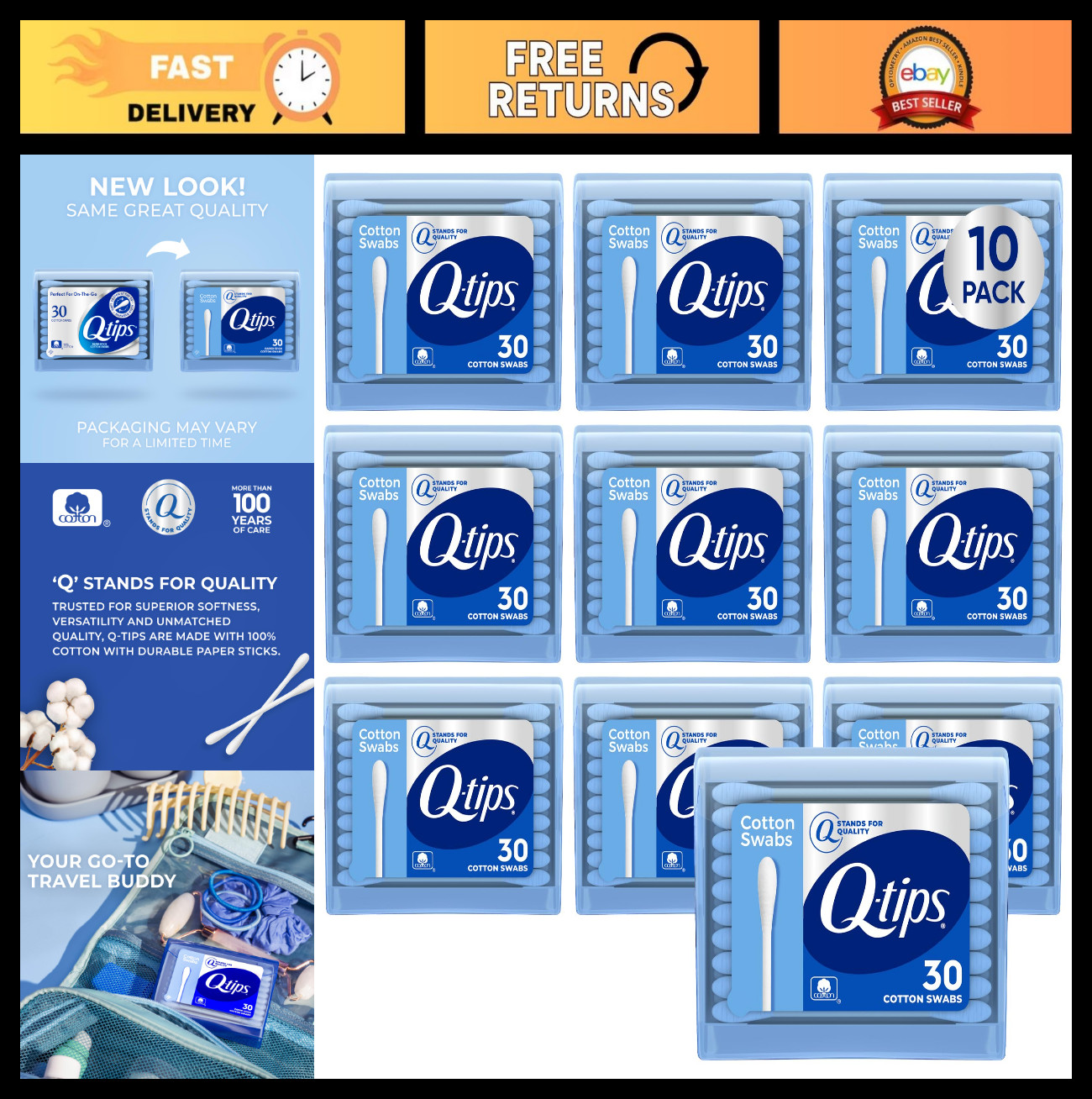 Cotton Swabs 30 Count 10-Pack – Travel Size, Soft Tips for Makeup & Beauty Care
