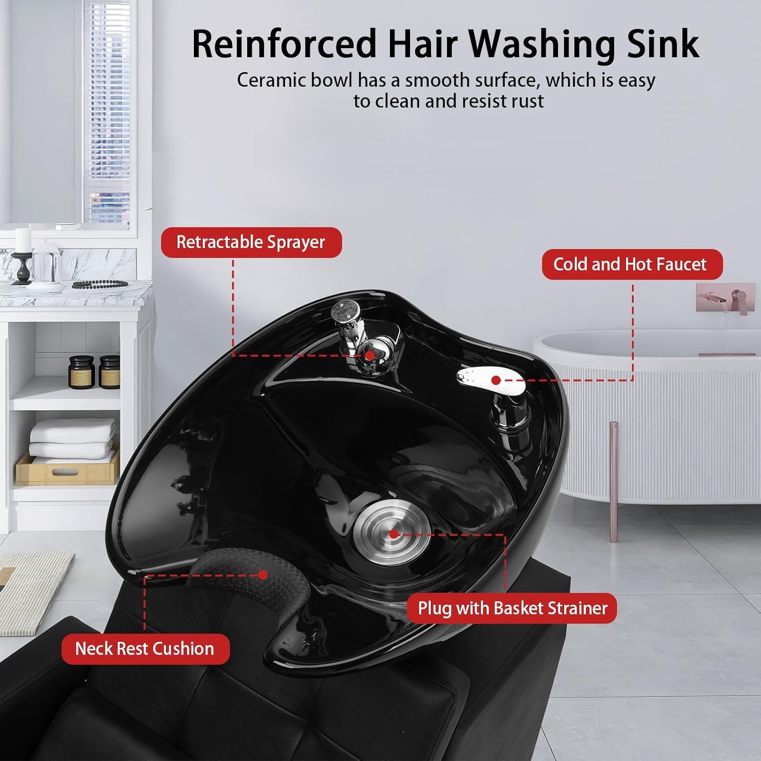 New Adjustable Height Shampoo Bowl & Chair, Ceramic Salon Backwash Station Black