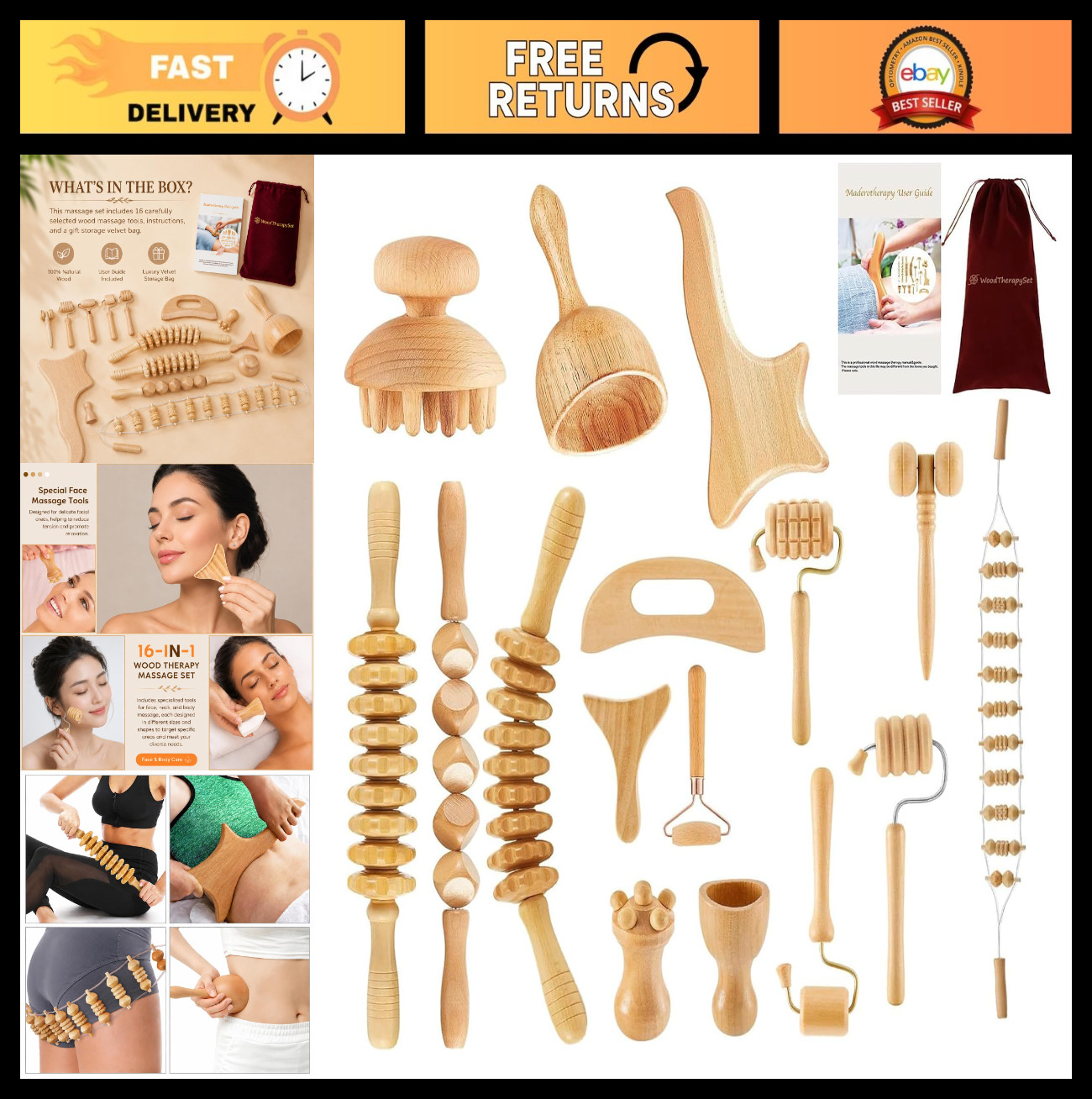 16Pcs Wooden Massage Therapy Tools Set, Gua Sha & Body Sculpting Kit, Lymphatic