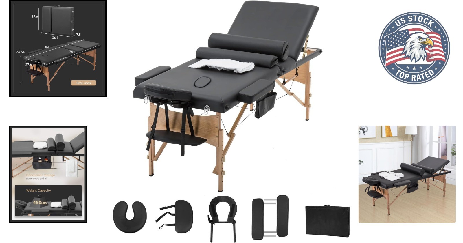 Luxury Portable 3 Folding Massage Bed – 28″ Wide with Oil Pouch & Towel Hanger