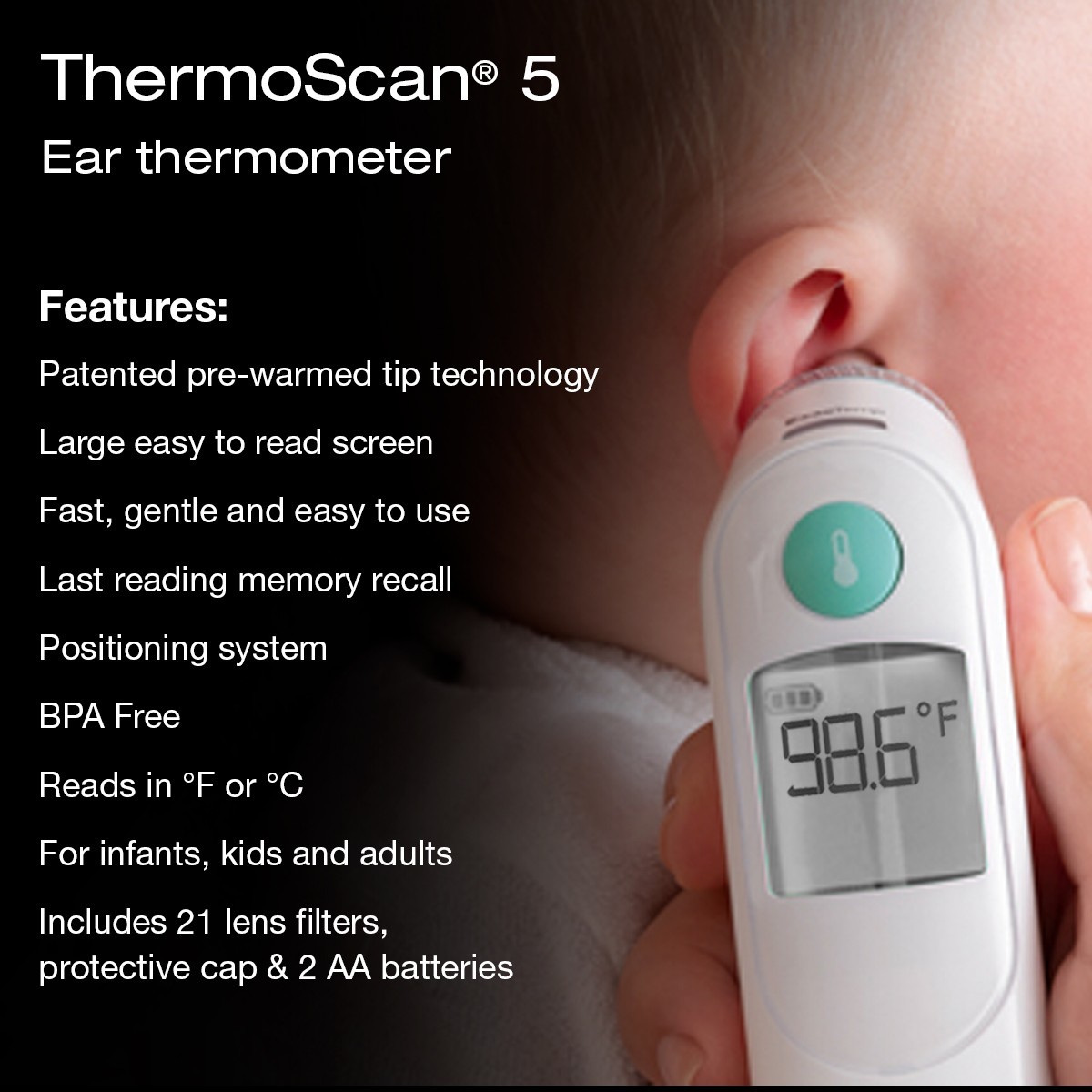 Braun ThermoScan 5 Digital Ear Thermometer for all ages, IRT6020US, White