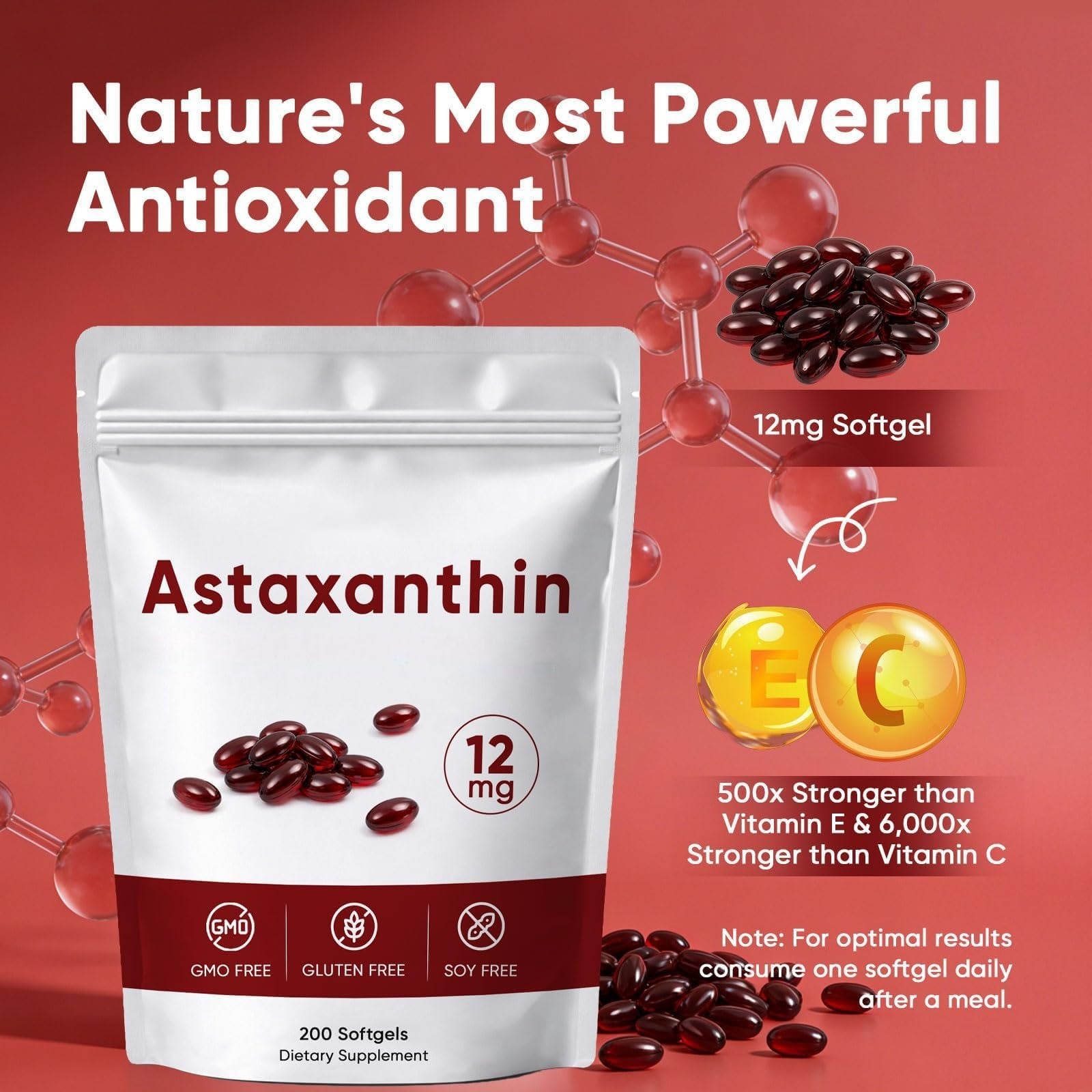 Awjsde Astaxanthin 12mg Softgels – Immune & Eye Support – 200 Count