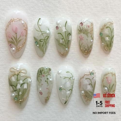 Green Press on Nails Medium Almond Fake Nails with 3D Pearl Rhinestones 3D-1